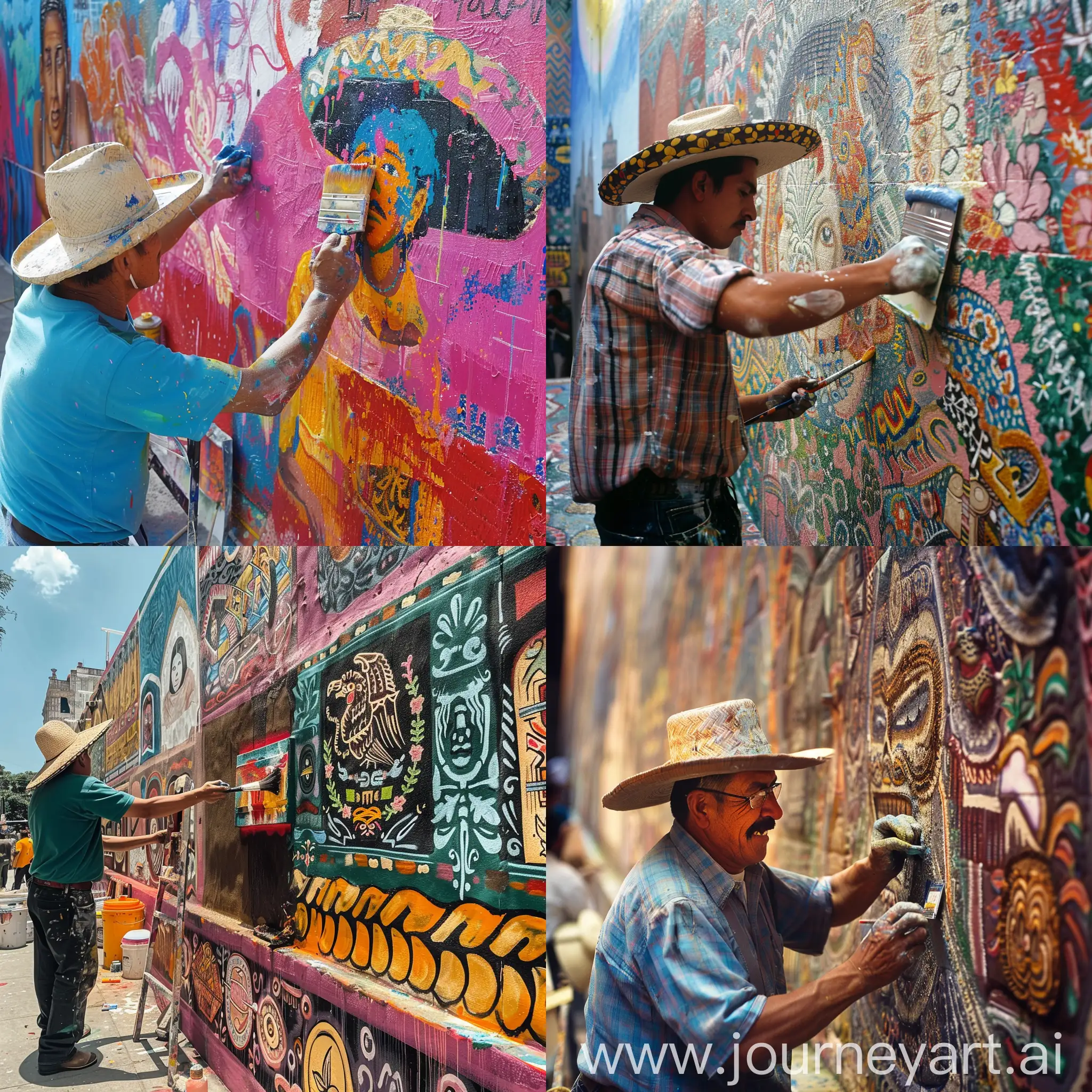 Mexican-Man-Painting-Colorful-Mural-on-Large-Wall