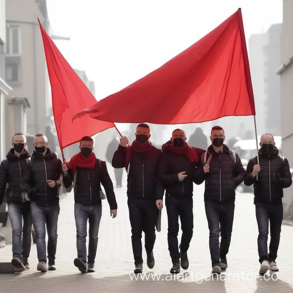 Группа геев похожих на сюткина несут красное знамя