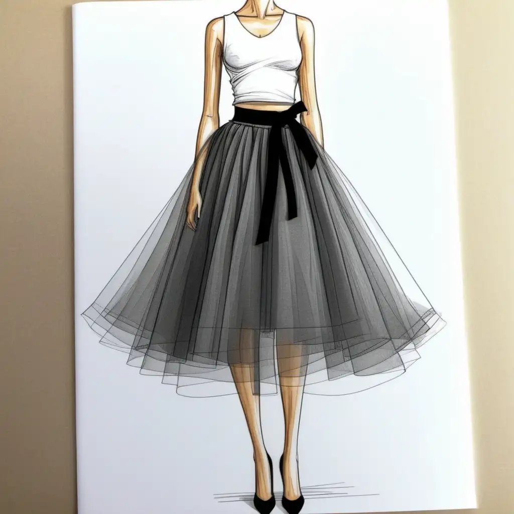please draw me a fashion illustration of a tulle skirt with a wrap waistband