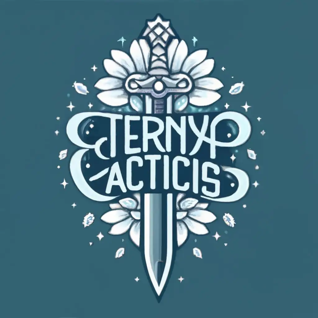 logo, sword with crystals swirling in a whimsical style, with the text "Eternya Tactics", typography