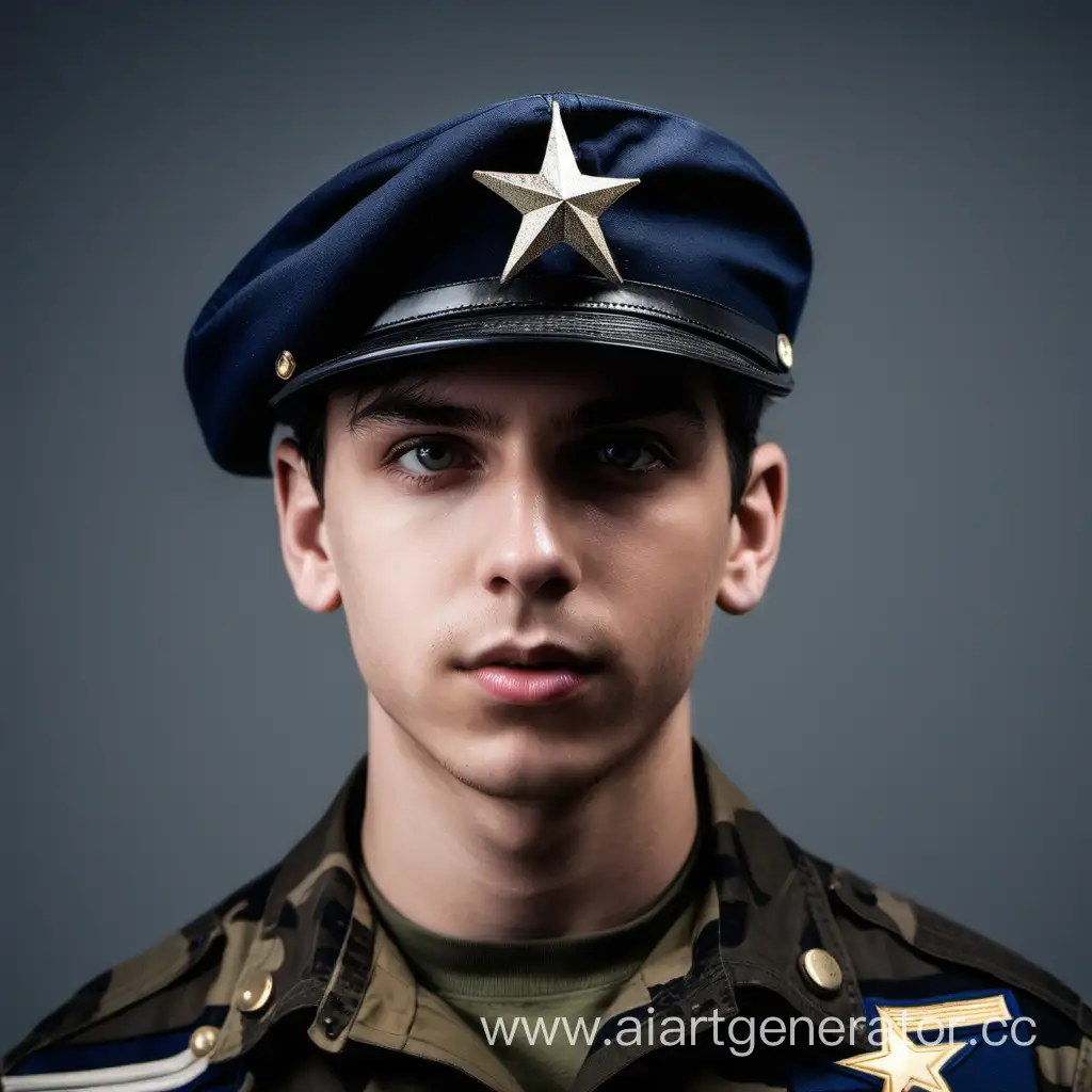 Молодой человек с тёмными волосами взгляд из под лобья на голове военная 
шапка со звездой