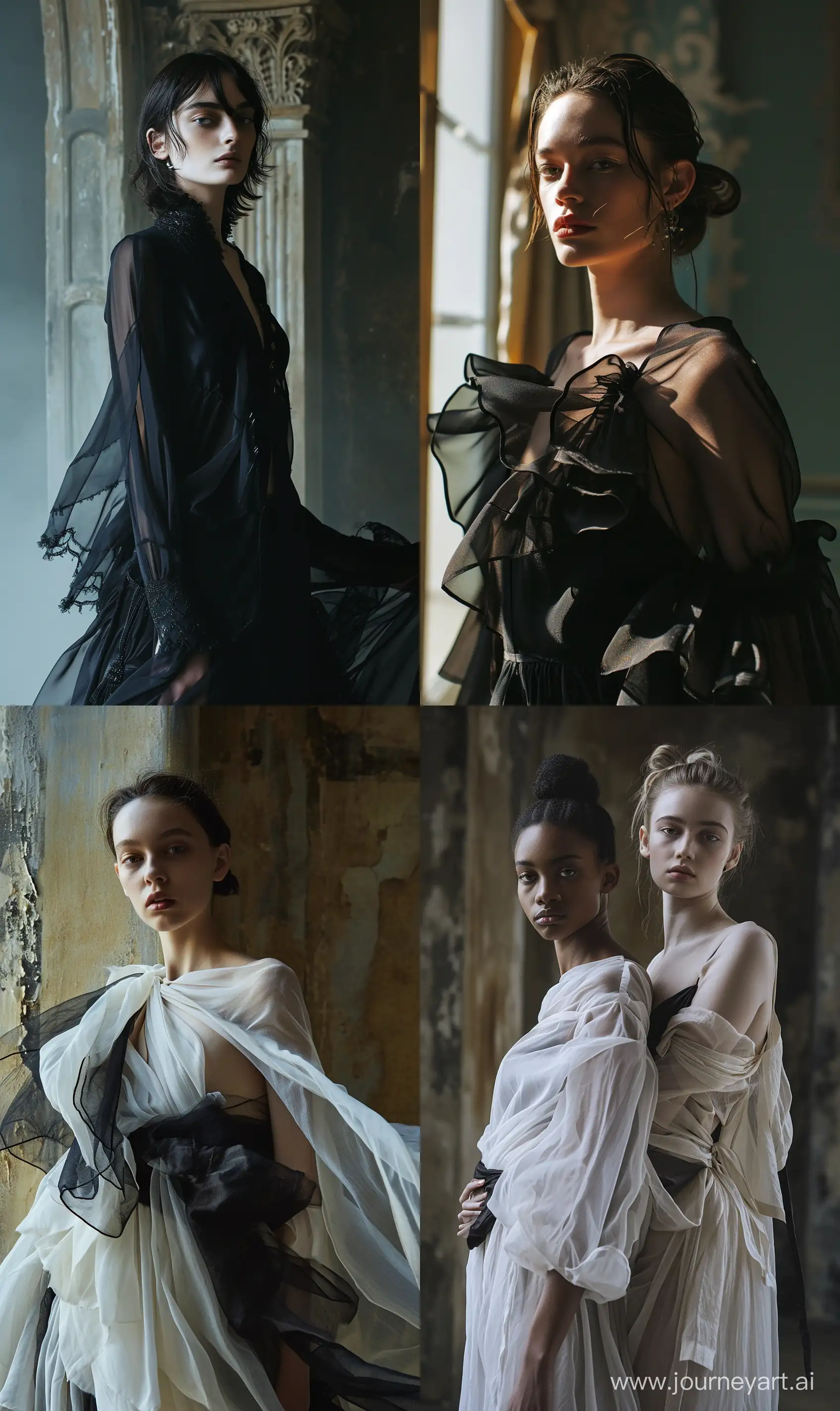 An avant garde womenswear luxury minimal collection inspired by the works of Schiaperelli. Minimalist elements, asymmetrical cuts, exaggerated silhouettes, tailoring, and intricate details. Silk. Sheer. Layers. The collection is a fusion of high fashion and streetwear, with a touch of punk and grunge and couture. editorial by Harper's Bazaar Styled by Edward Enninful for Vogue Italia and Dazed, the editorial features high-key lighting, ultra-detail shots, and cinematic angles. Shot on a 50mm lens with a shallow depth of field, the photographs showcase the full detail of the clothing. Color grading and post-processing create a vivid, high-contrast aesthetic. The luxury brand campaign is in the style of Tim Walker, with models posed in surreal, dreamlike environments that blend fantasy and reality, with a cinematic sound design and a resolution of 8k. --ar 3:5 --v 6