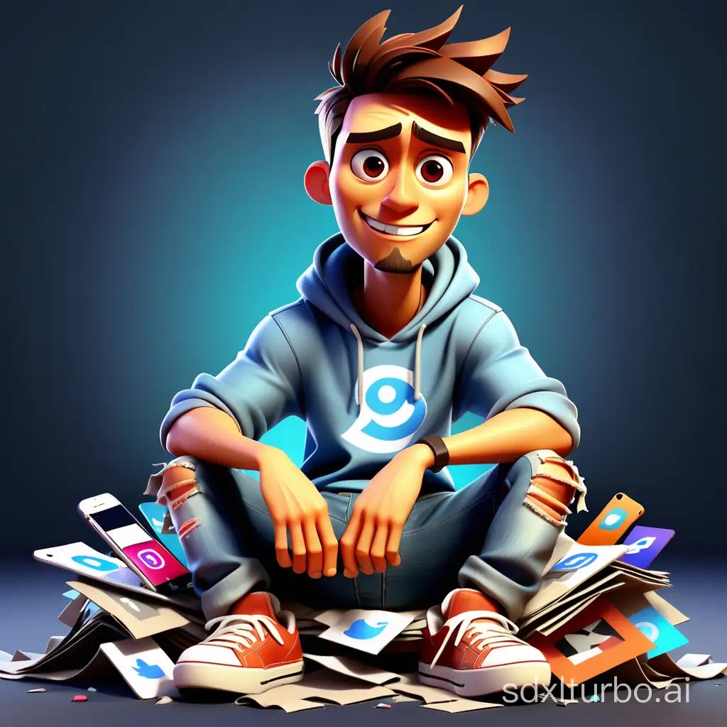 Create a 3D illustration of an animated character sitting casually on top of the 'tik tok' social media banner. The character must wear torn clothes, and the background of the image is a personal page on the social networking site bearing the username "Said Tech" and a profile picture identical to the animated character. Make sure there are no spelling errors in the text