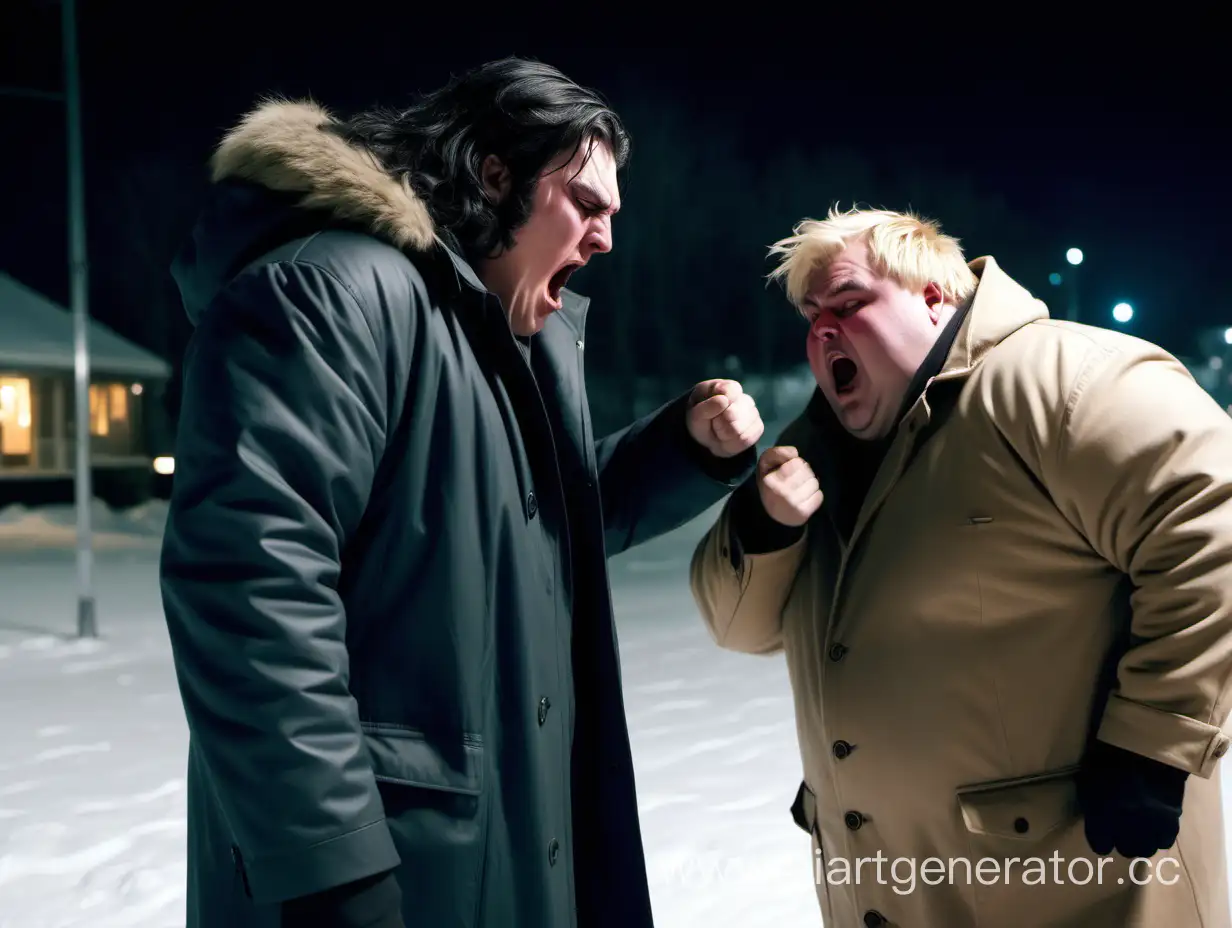 A pumped-up tall guy with rather long dark hair with a stern face in a coat hits another fat short guy with blond short hair in the face who is crying because of this. Everything happens at night in winter. There must be a moment of impact