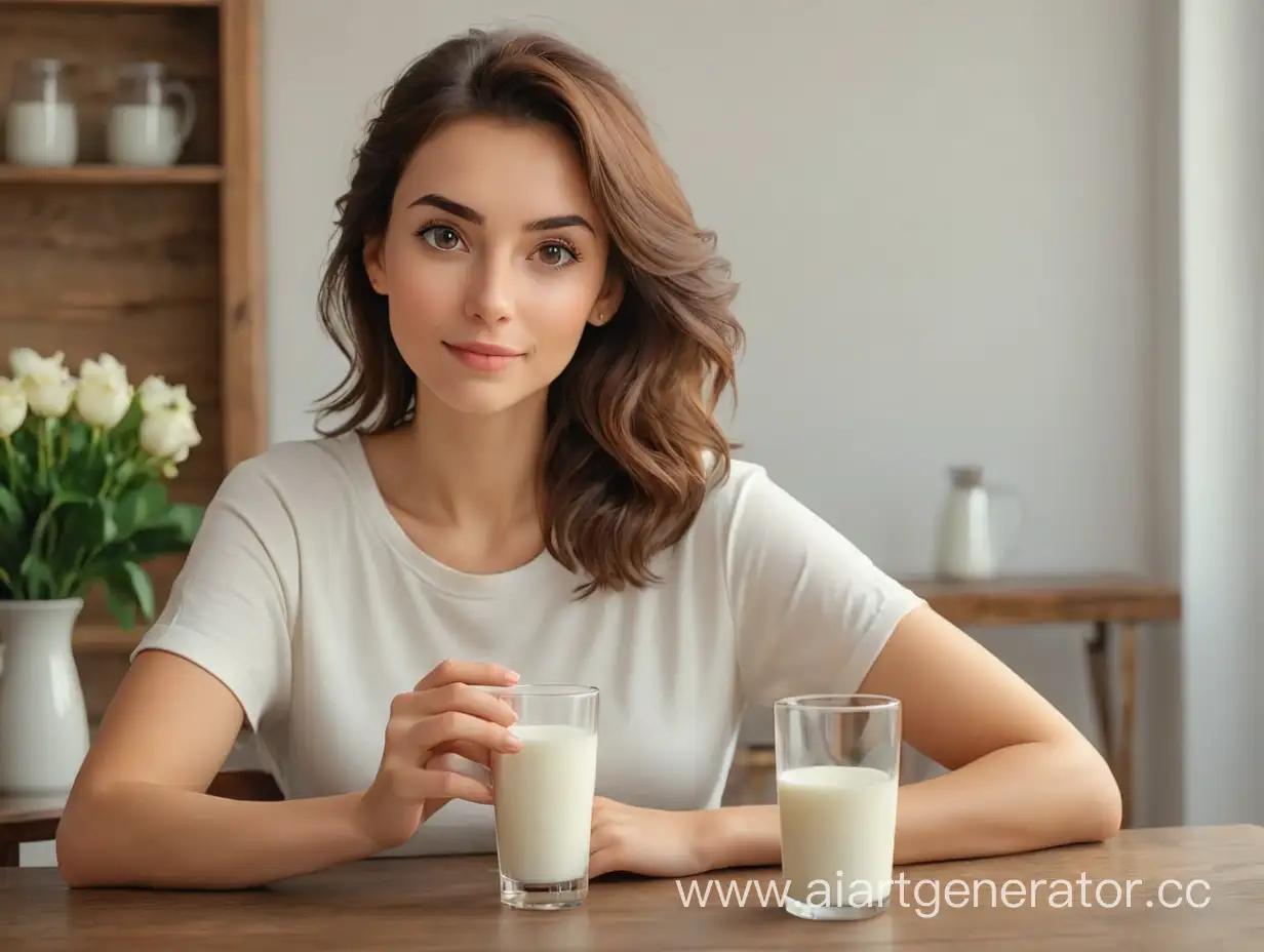 Красивая женщина европейской внешности сидит за столом и пьёт стакан молока