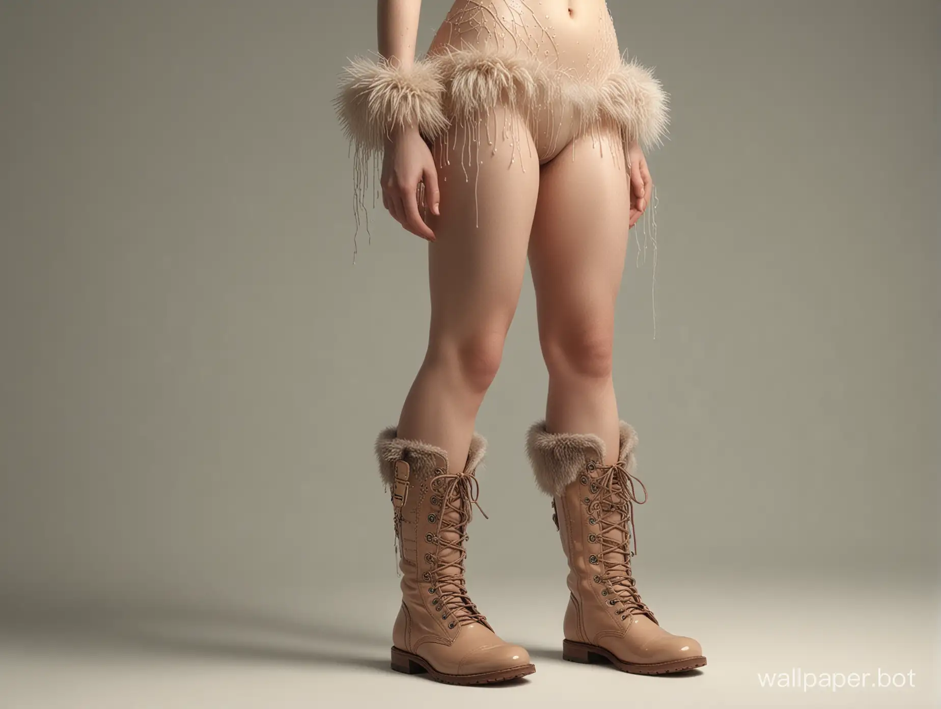 Girl with reflective wet eyes, nude, textile art, naked, intricate stitches, nude, fur boots, full length character, side lighting, sharpness, dynamic lighting, clear, sharp focus. 32k, styled by Mark Ryden, Alessio Albi, artistic intricate scenery, intricate details.