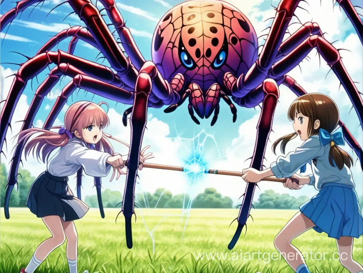 two girls, adults and young, are fighting with a big spider with a magic staff on the field of anime fiction