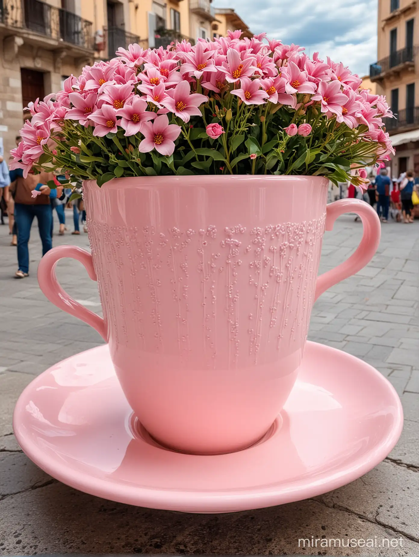 huge baby pink coffee cup filled with flowers at the central square spain