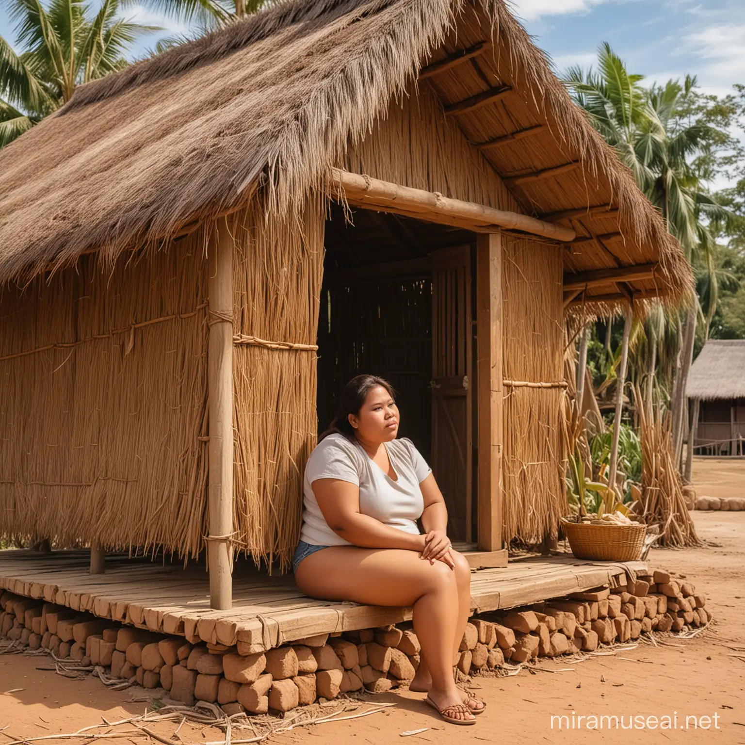 Ain image of a chubby filipina woman with brown complexion sitting outside a nipa hut on a deep thought.
Make sure that the image is on side view facing a brown dry and barren fields