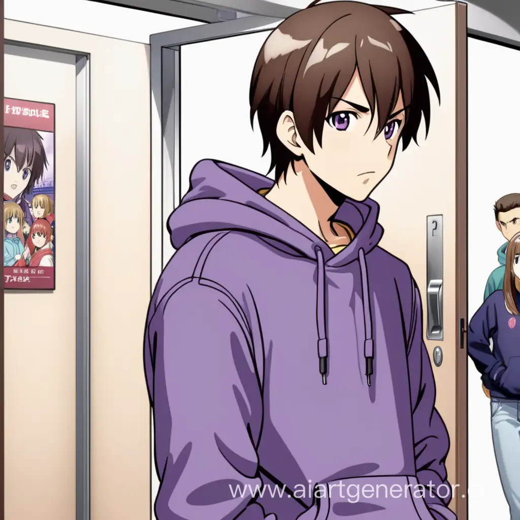 Embarrassed-Brunette-Guy-in-Purple-Sweatshirt-at-Anime-Entrance