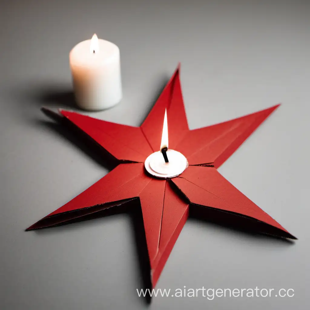 плоская звезда из красного картона лежит на столе, внутри неё вставлена белая свеча