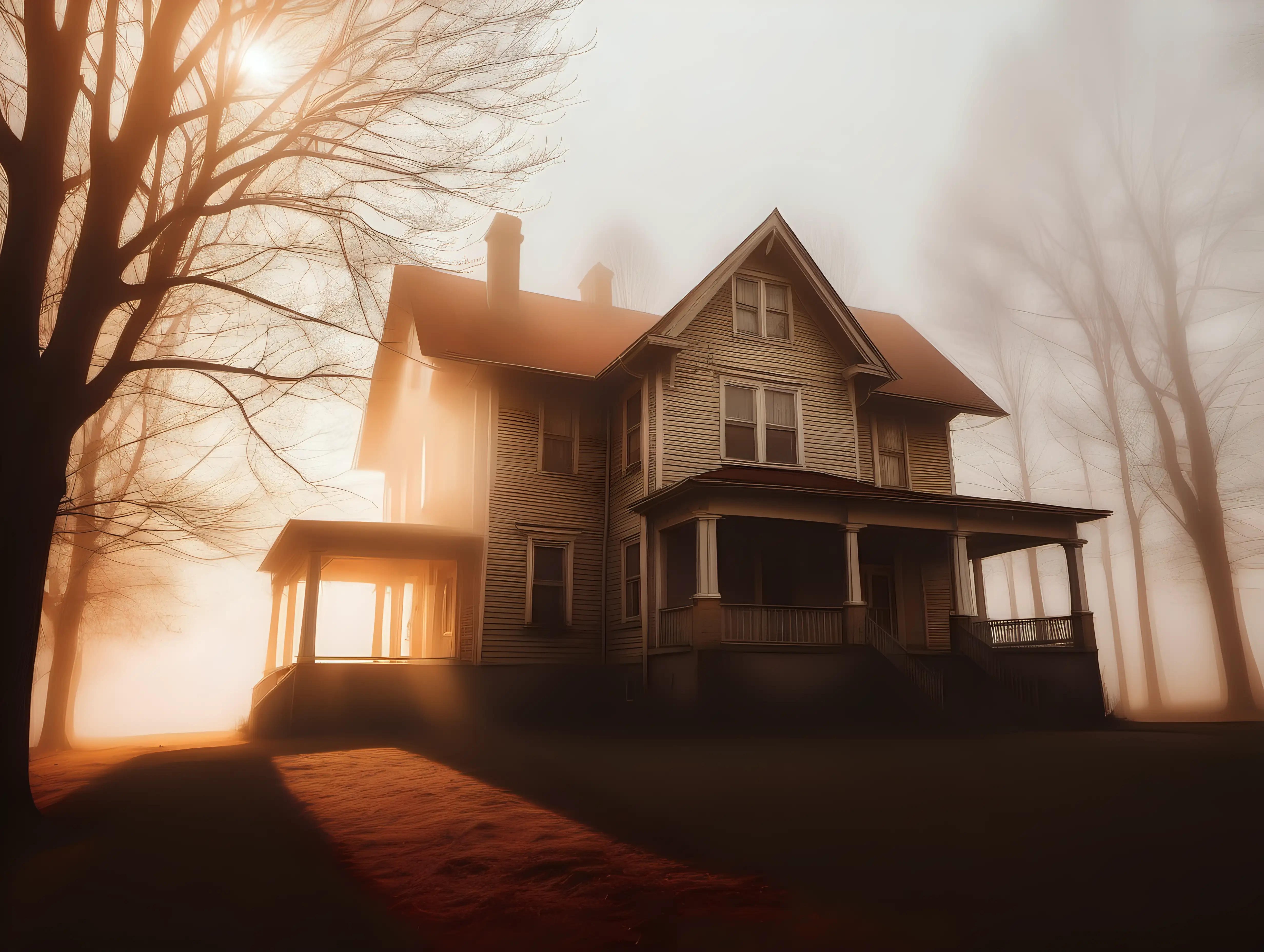 Enchanting House in the Fog Bathed in Warm Sunlight