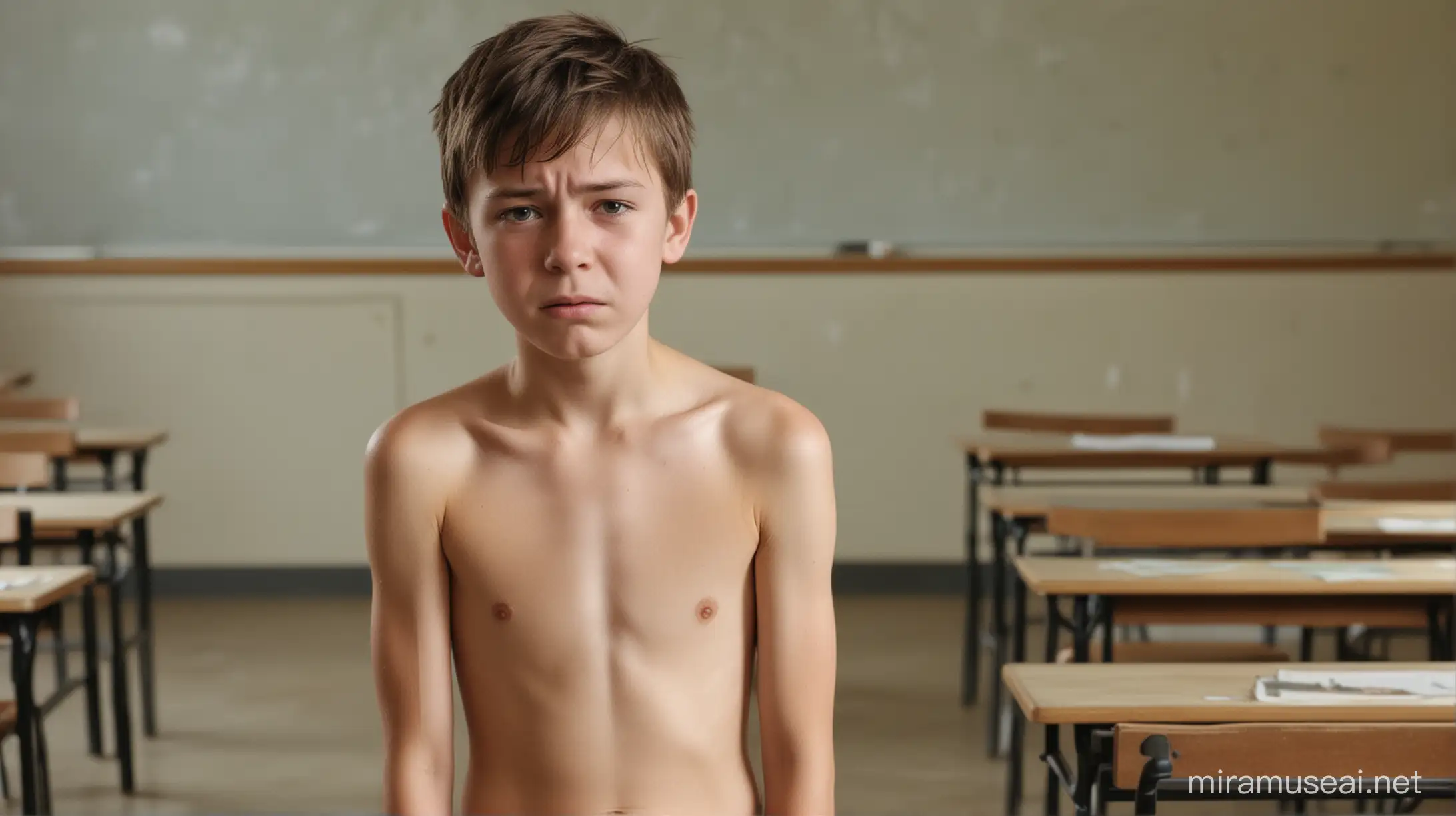 wide shot, front view, a naked, cute handsome 12-year-old boy, sad face, crying, standing in a classroom