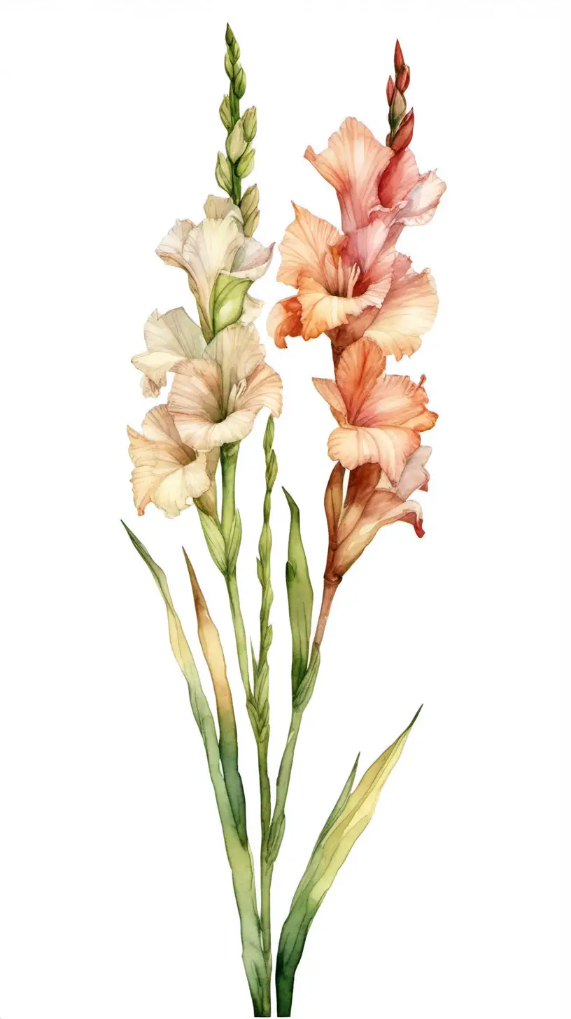 Neutral Watercolor clipart of a Gladiolus in bloom, long stem, white background