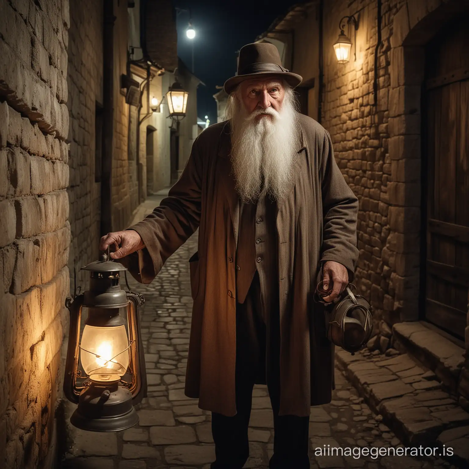 an old tall man, wearing a hat, with a long white beard, holding an old lamp lit in the night, in an alley of a medieval village in 1930, color image, the old man is looking at the camera lens taking his picture and appears threatening