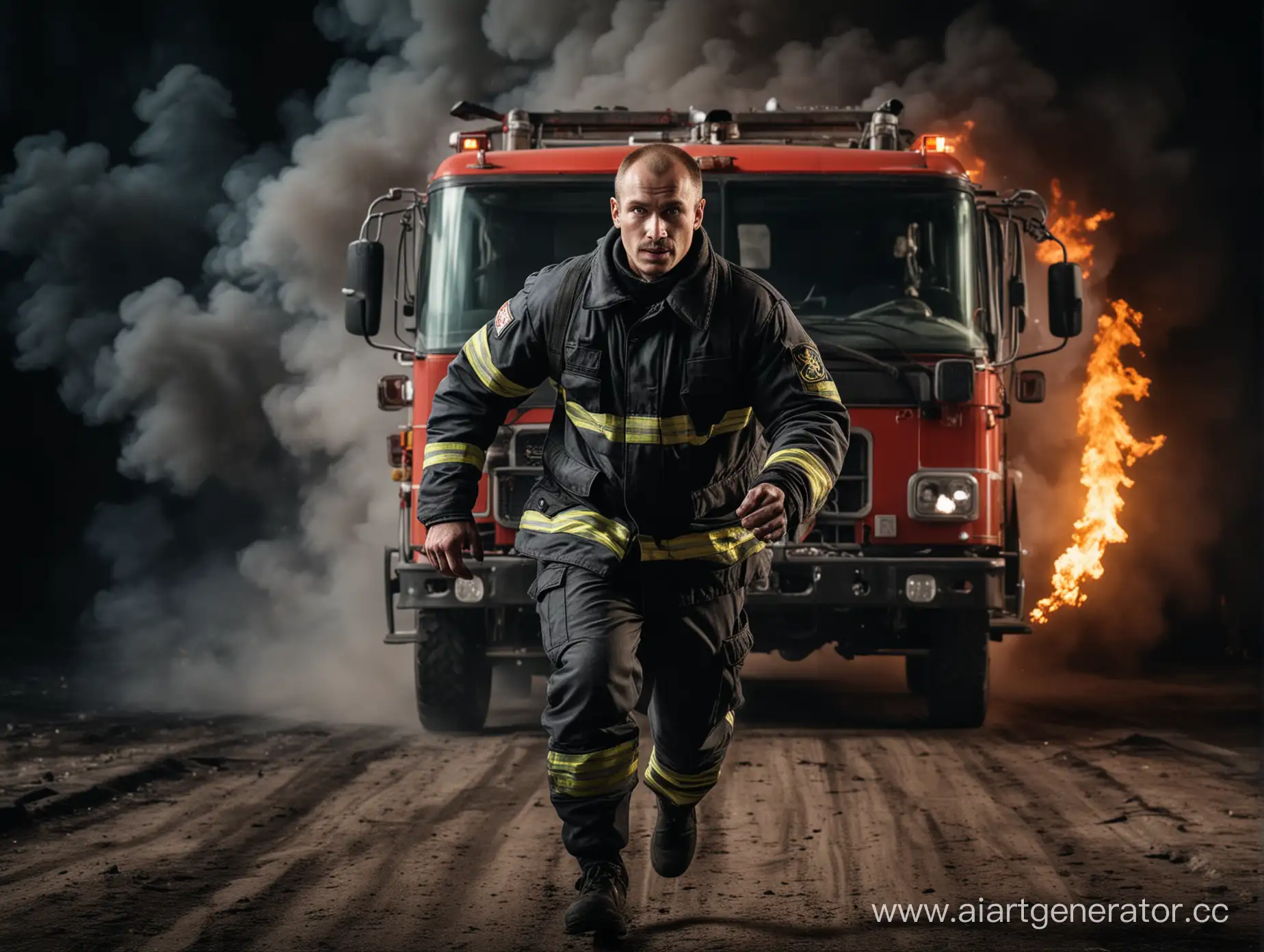Бегущий российский пожарный на тёмном фоне сзади пожарная машина