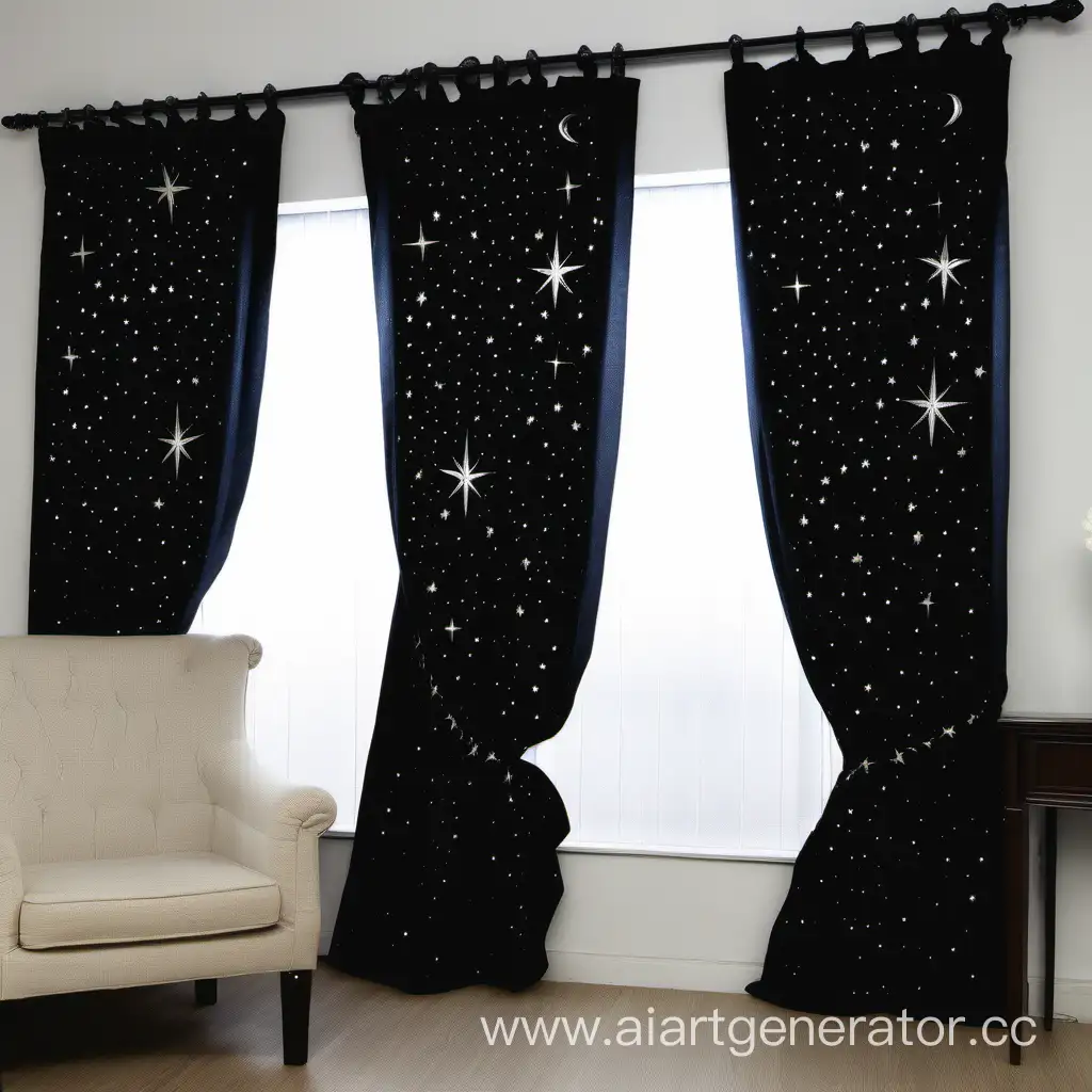 Черные шторы с серебряной вышивкой звезд и полумесяцев