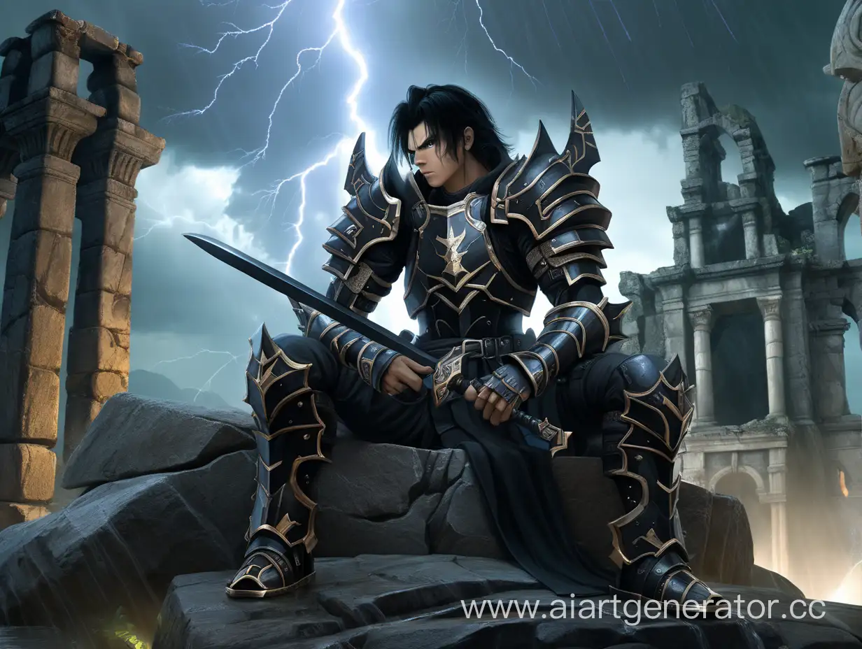 Dark-Knight-in-Ruins-Black-Plate-Armor-and-Demonic-Sword-Amidst-Rain-and-Lightning