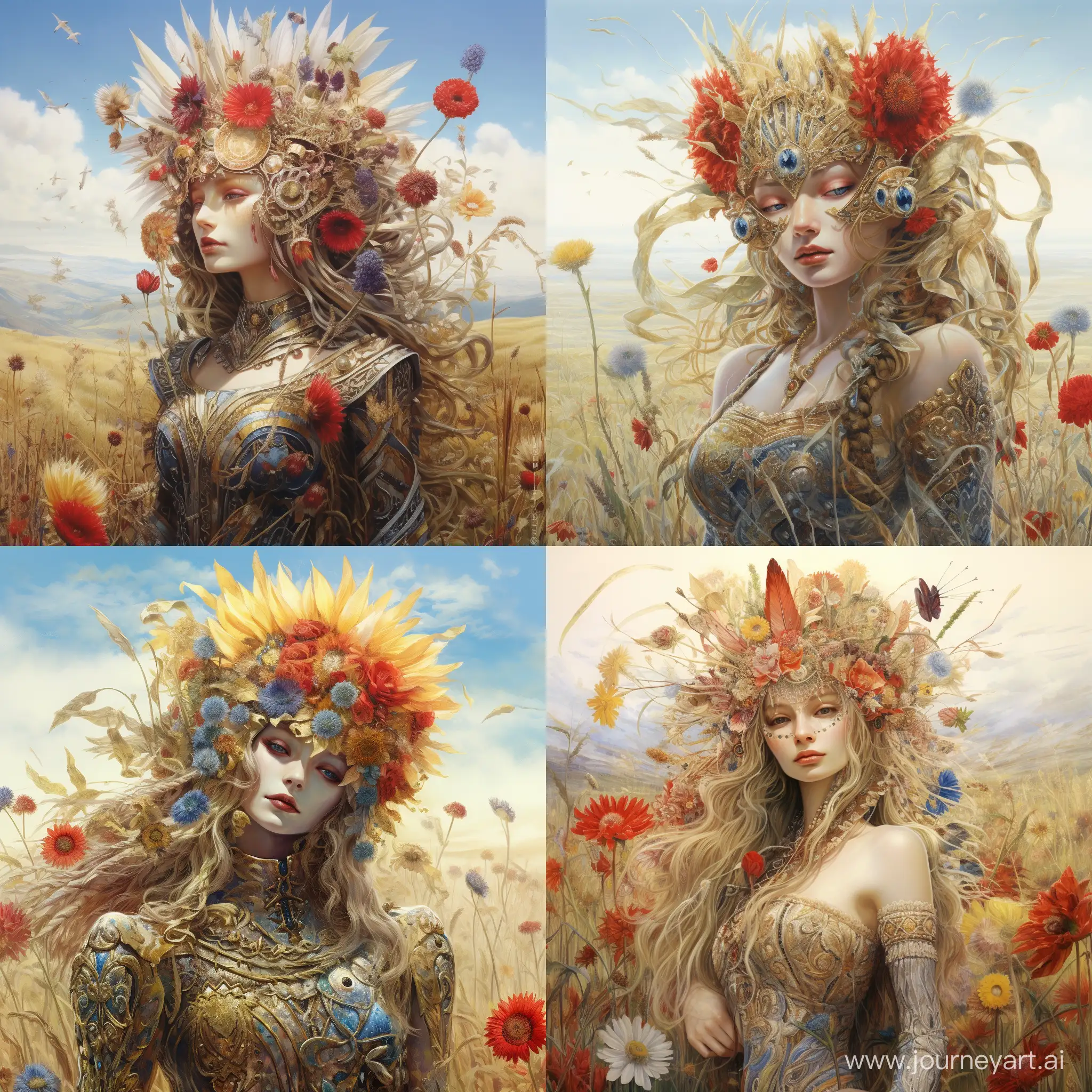 **Tomasz Alen Kopera's watercolor illustration depicting of a elaborate costumes art of the queen in flower crown, richly decorated with jewels, luxury accessories, diamonds, leaves, poppies and cornflowers, stands on the edge of a summer field of rye on a hill in the distance overlooking a summer valley with a ocean and floral fields, Alexander McQueen, Ruth Sanderson, Josephine Wall, ethereal illustrations, romanticized depictions of wilderness, Karol Bak, icelandic nature, foggy landscape, calm and serene beauty, leaves, beautiful flowers, dreamy scenes, tenderness and purity, iconic album covers, watercolor stains and splashes, in the style of vintage illustrations design, isolated on white, white background