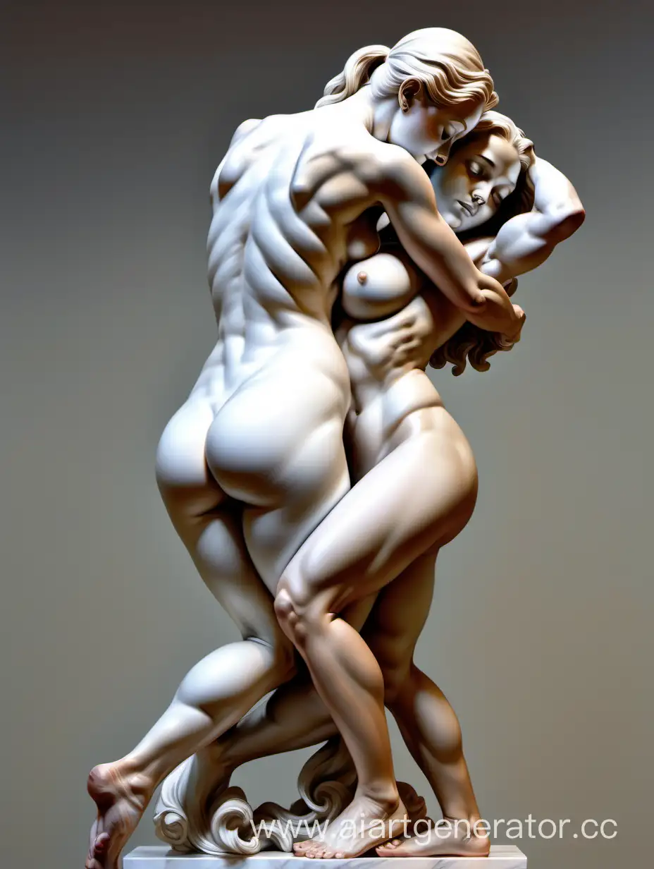 Passionate-Acrobatic-Sculpture-Muscular-Woman-Lifts-and-Carries-Another-in-Realistic-Oil-Painting