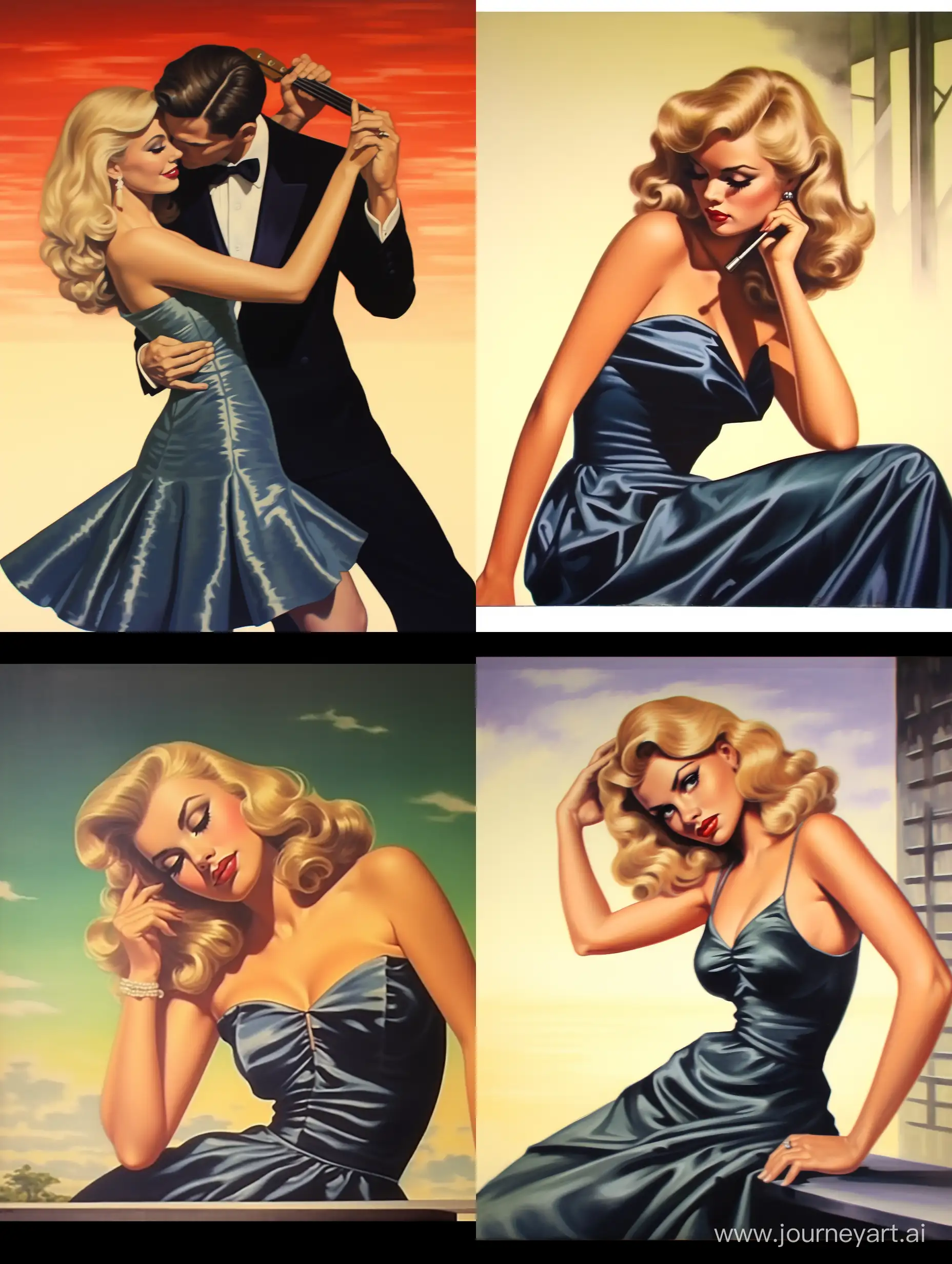 Robert Maguire style Pulp art of glamorous 1940s pretty long-haired blonde pinup girl wearing vintage lingerie