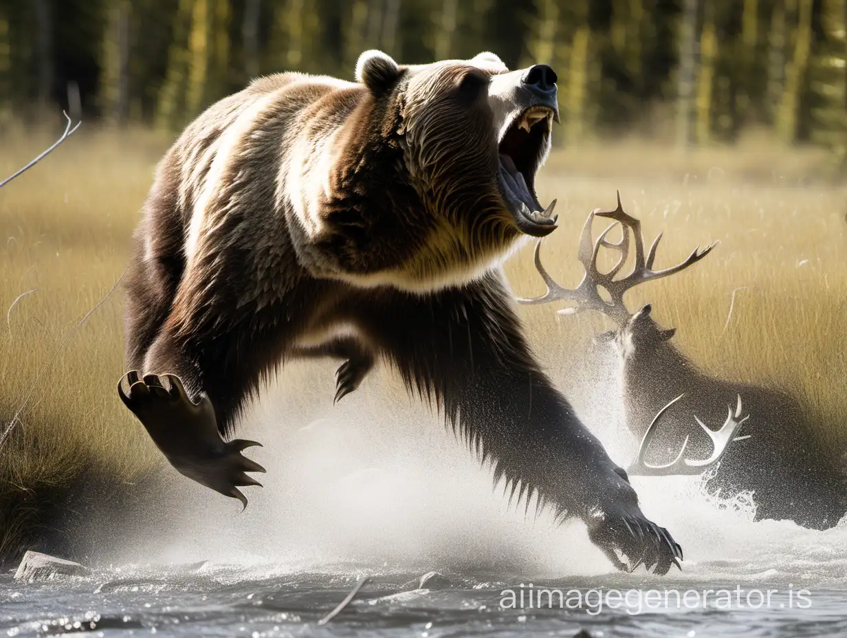 grizzly bear attacking a caribou near a creek