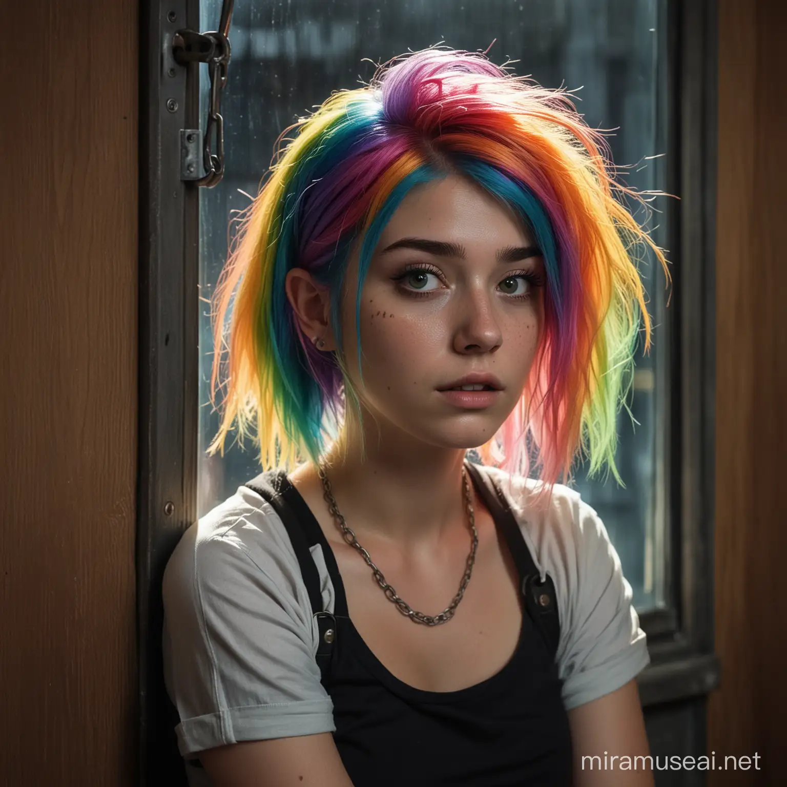 Photo, In the dimly lit police station, a small 18yo Mable Pines with rainbow hair sits in shackles, her eyes wide with fear, bosom transparent. The night light from the window casts a haunting glow on her face, while the bars on the windows create a sense of entrapment. As she nervously scratches drawings into the wooden walls, the room feels like a prison