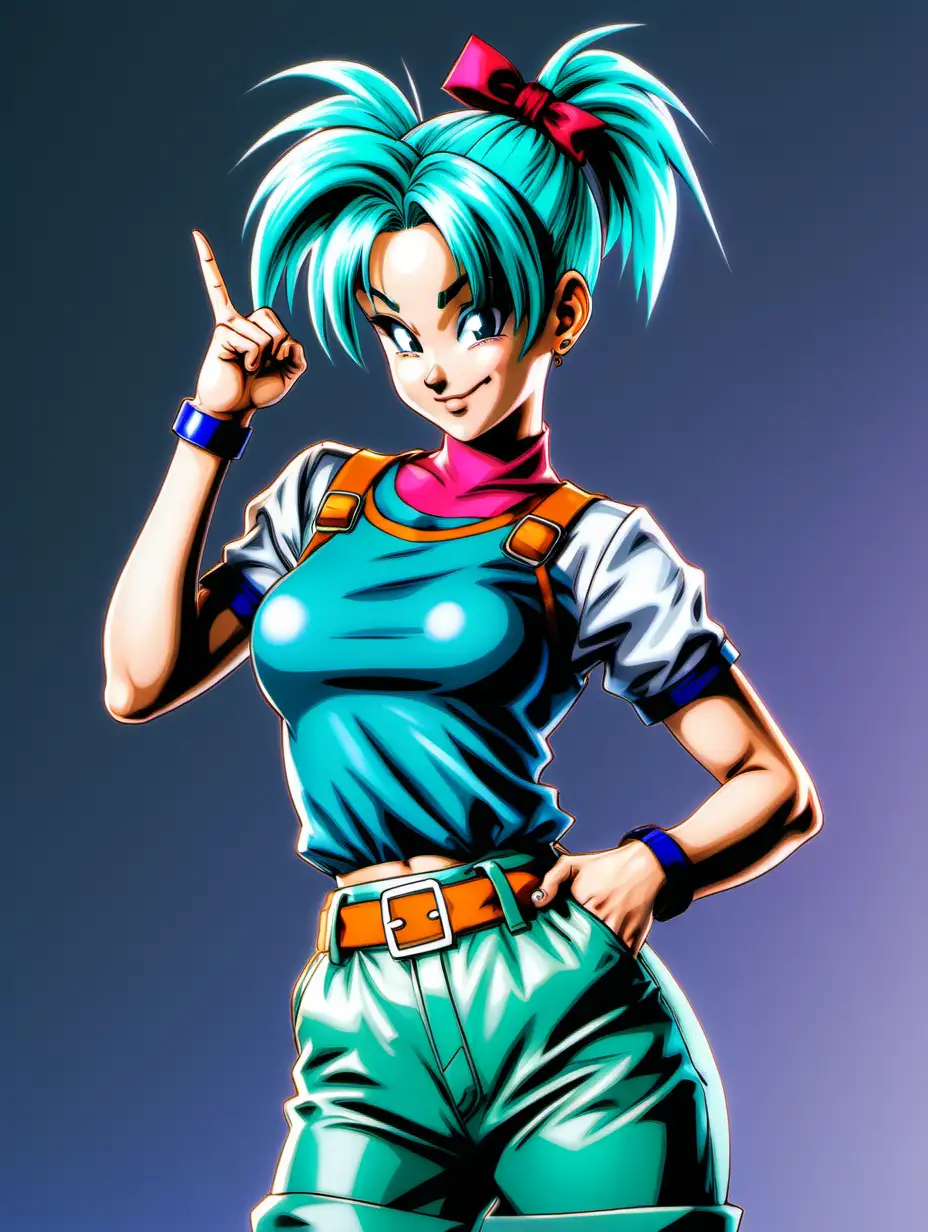 Bulma from Dragon Ball, wearing a trendy, stylish outfit, posing proudly, winking, V sign