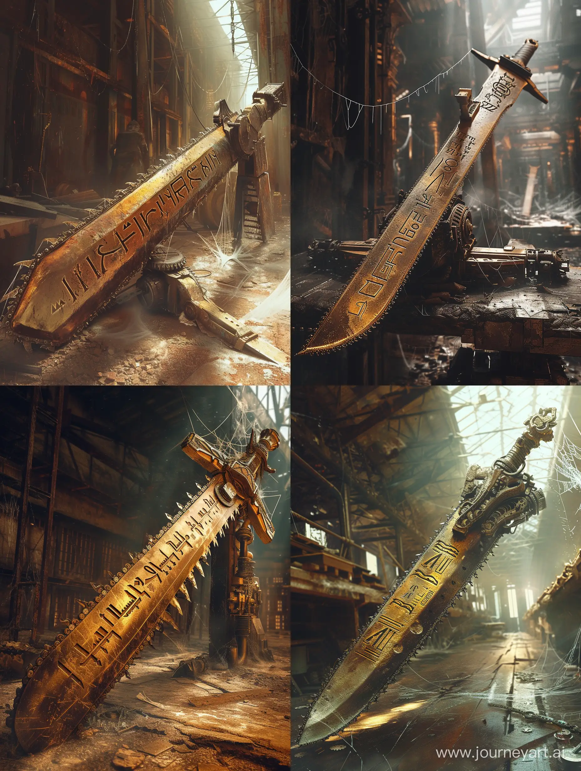 persian sword with engine,with chainsaw blades,cuneiform letters curving on it,intricate,Inside an old warehouse, cobwebs on it,steampunk.incredible detail,warm light,terrifying.
