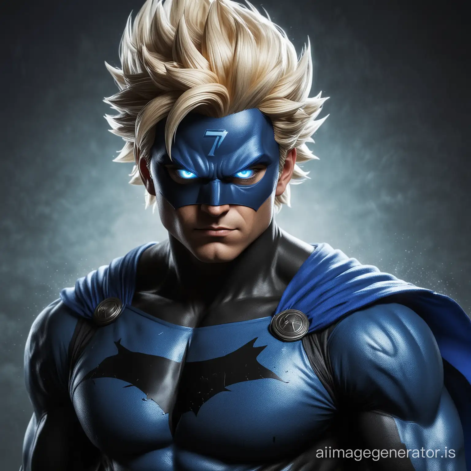 super héros en costume bleu et noir  avec une cape bleu et masque sur les yeux bleu en mode super sayen
