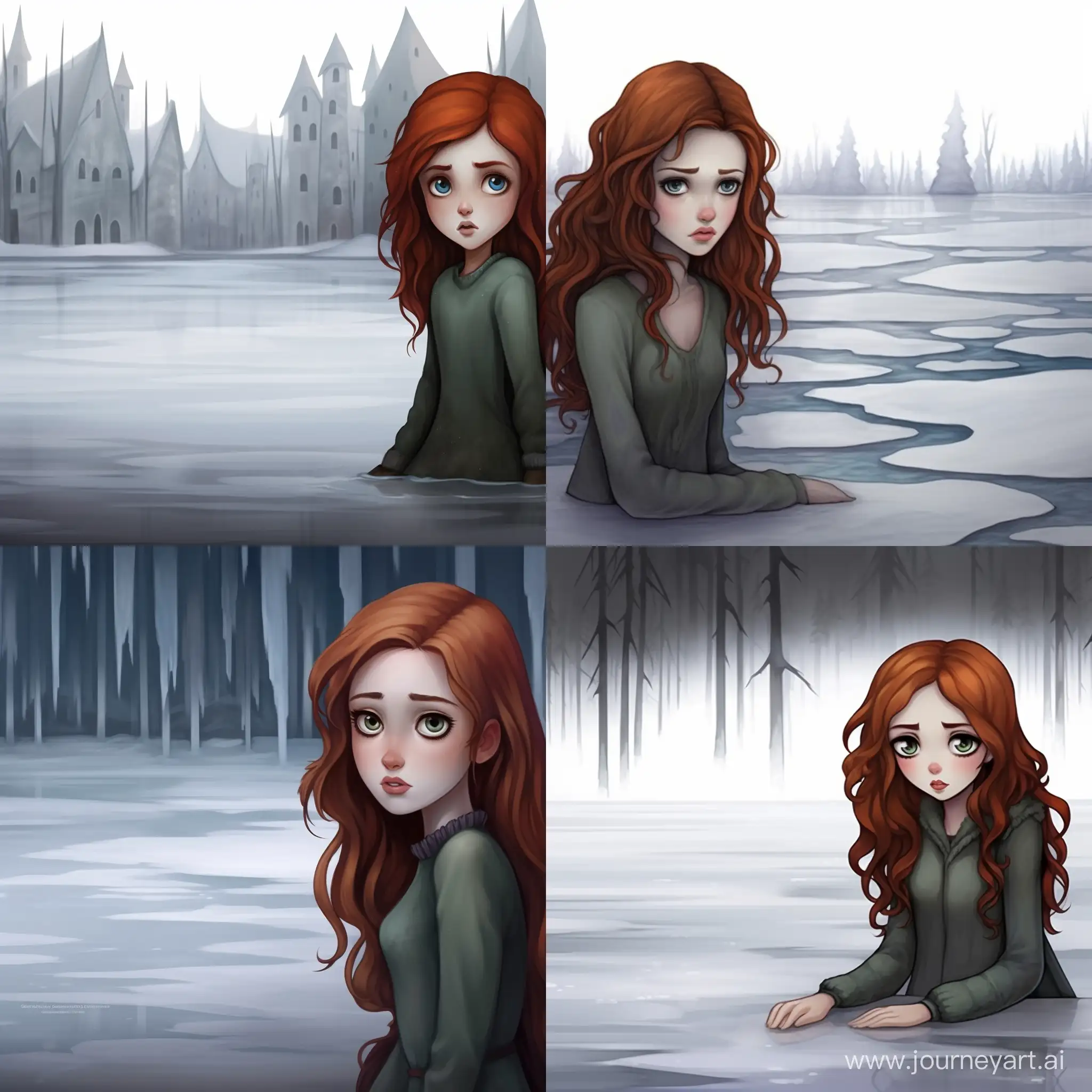 Beautiful girl, curly dark red hair, gray eyes, freckles, pale skin, teenager, 15 years old, soaked through, drowning, ocean, winter, in the ice of Antarctica, high quality, high detail, cartoon art