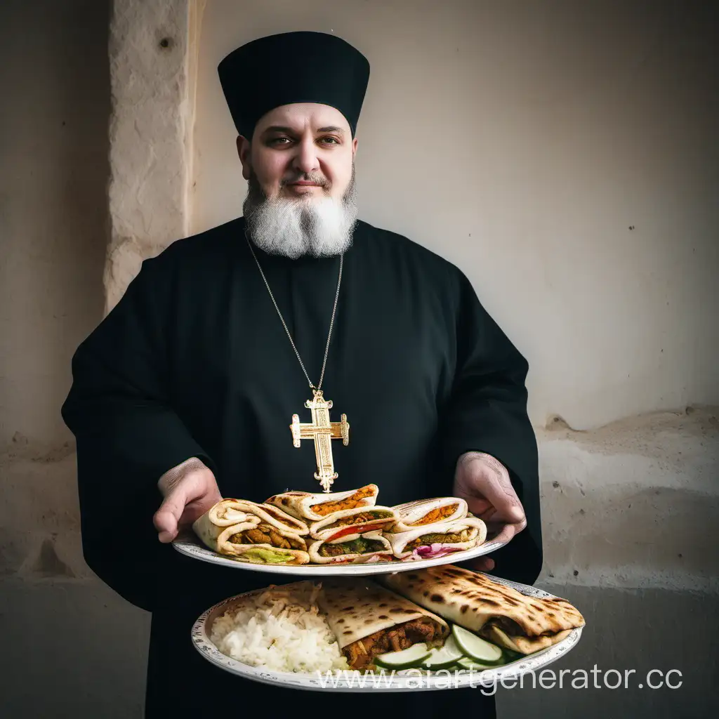 orthodox priest with shawarma