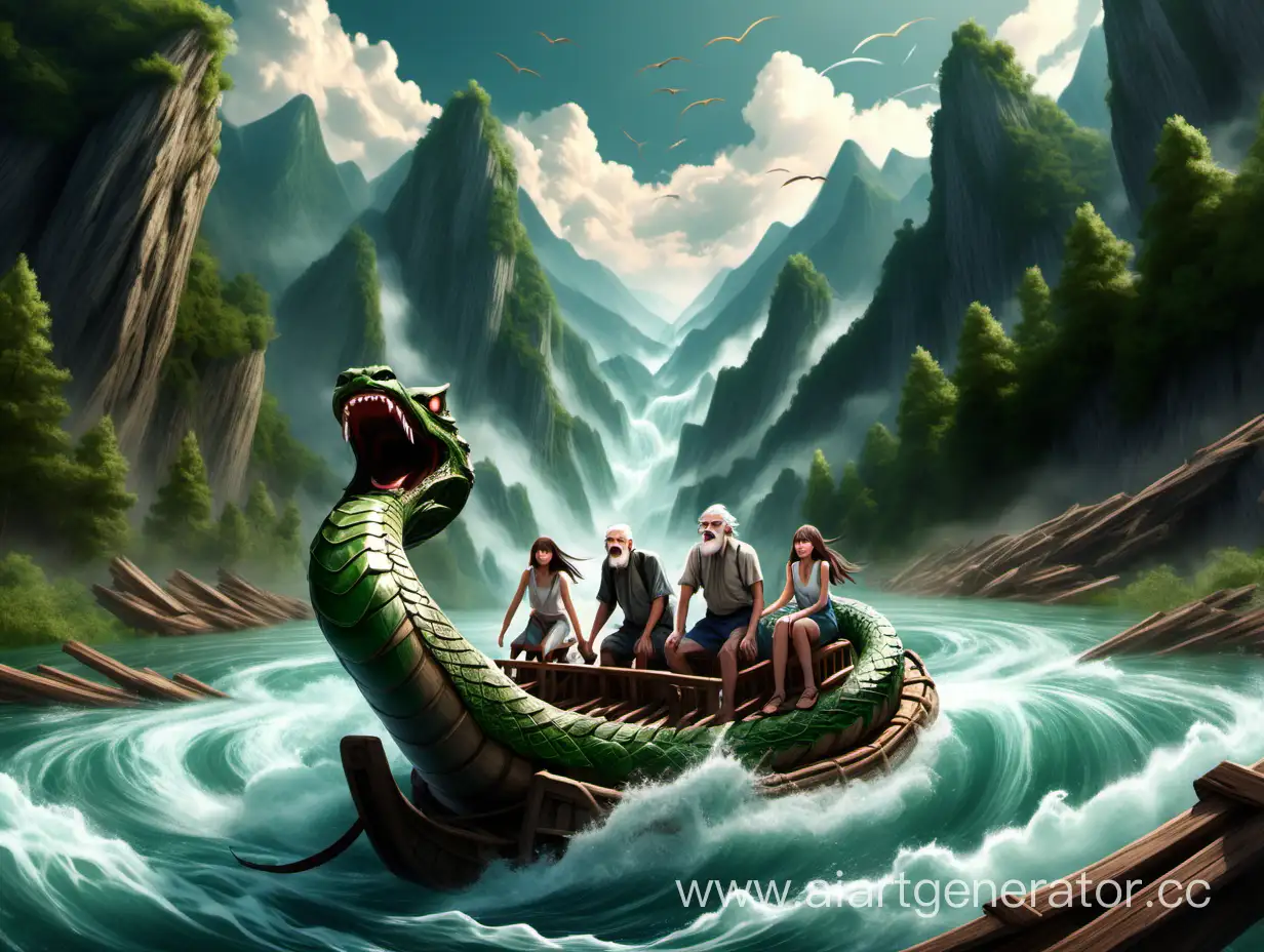  на реке на деревянном плоту плывут дед, молодой мужчина и девушка. за ними гонится огромный водяной змей с разинутой пастью быстрое течение, кругом высокие горы и лес, опасность