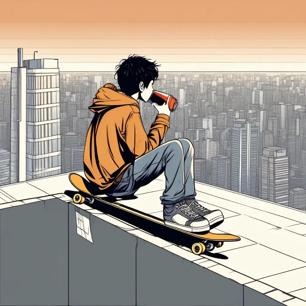 boy hold skate sitting in edge building with drinking, 2d, vector art, away from camera