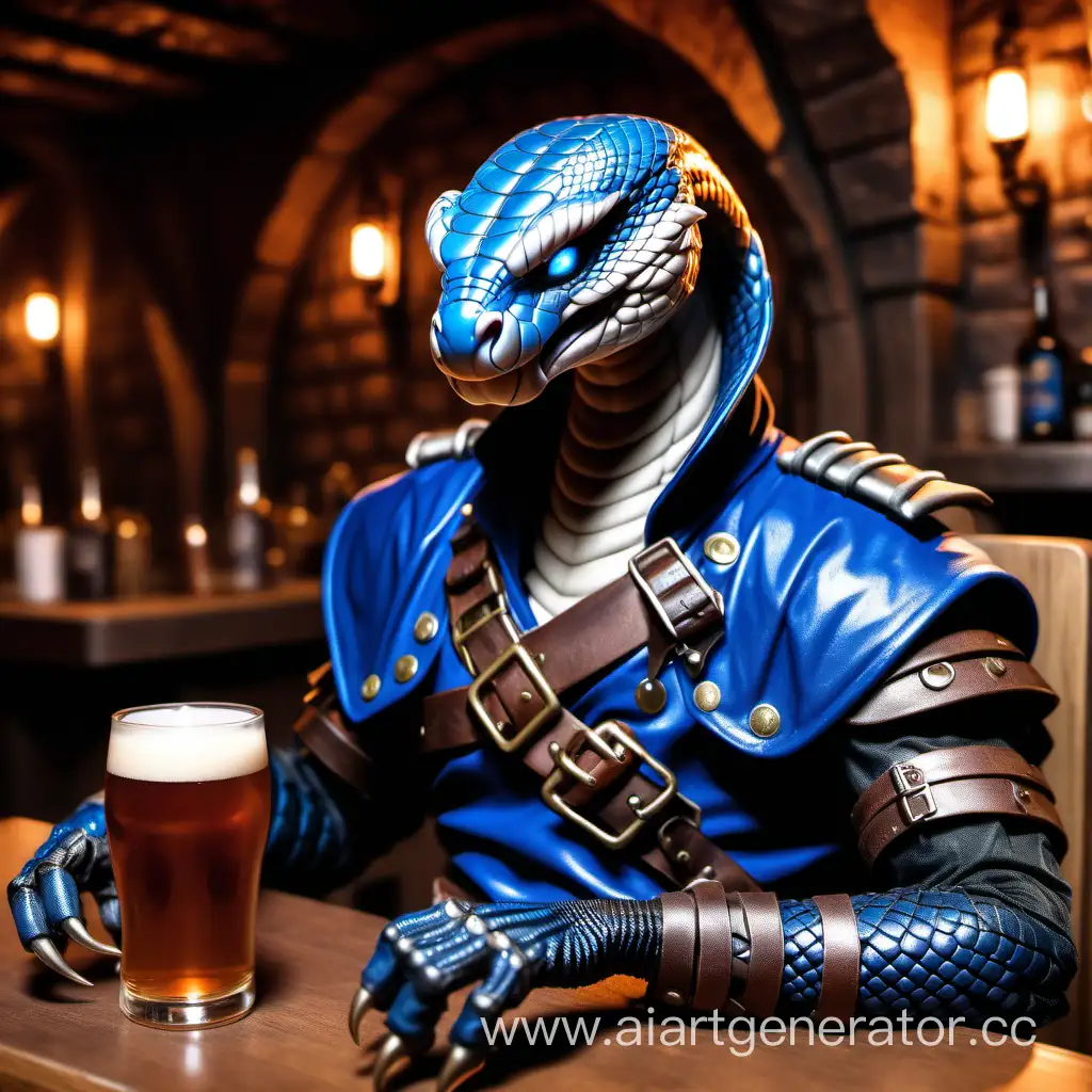 A blue-eyed cobra in a mercenary costume is sitting in a tavern