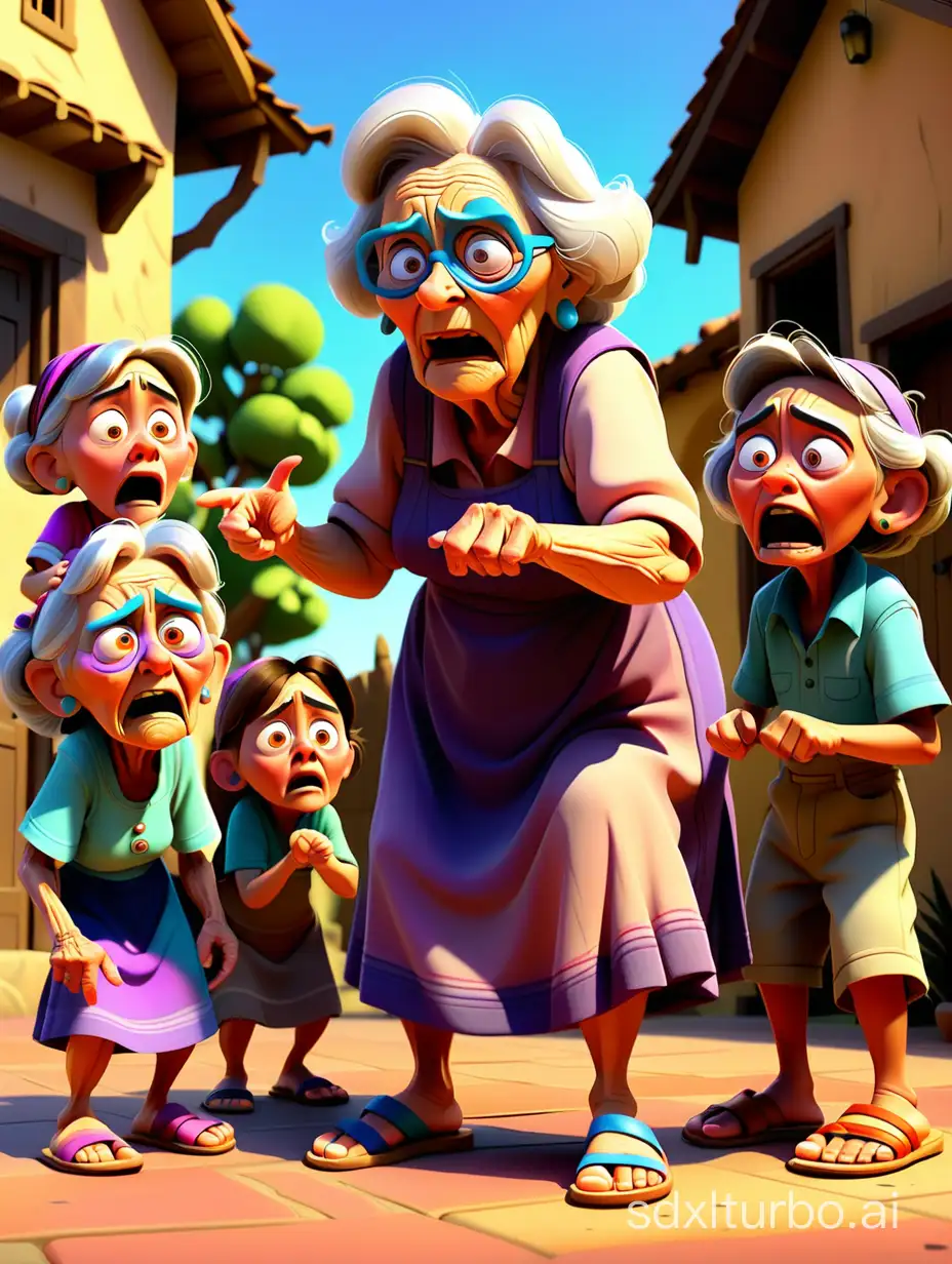 Crea una imagen de una viejita regañando a sus nietos y con una sandal en la mano queriéndoles pegar y que los niños tengan huarachitos y se vean bien espantados de su abuelita y ponle estilo Pixar Disney y que sea muy colorido