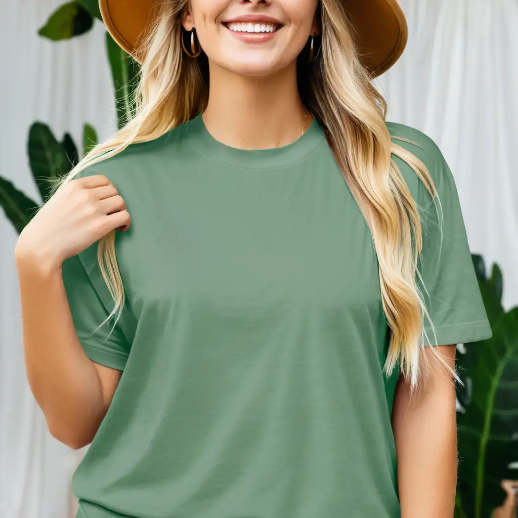 realistic blonde woman wearing comfort colors  light green color oversized t-shirt mockup, double stiches on t-shirt neckline, soft light, boho background