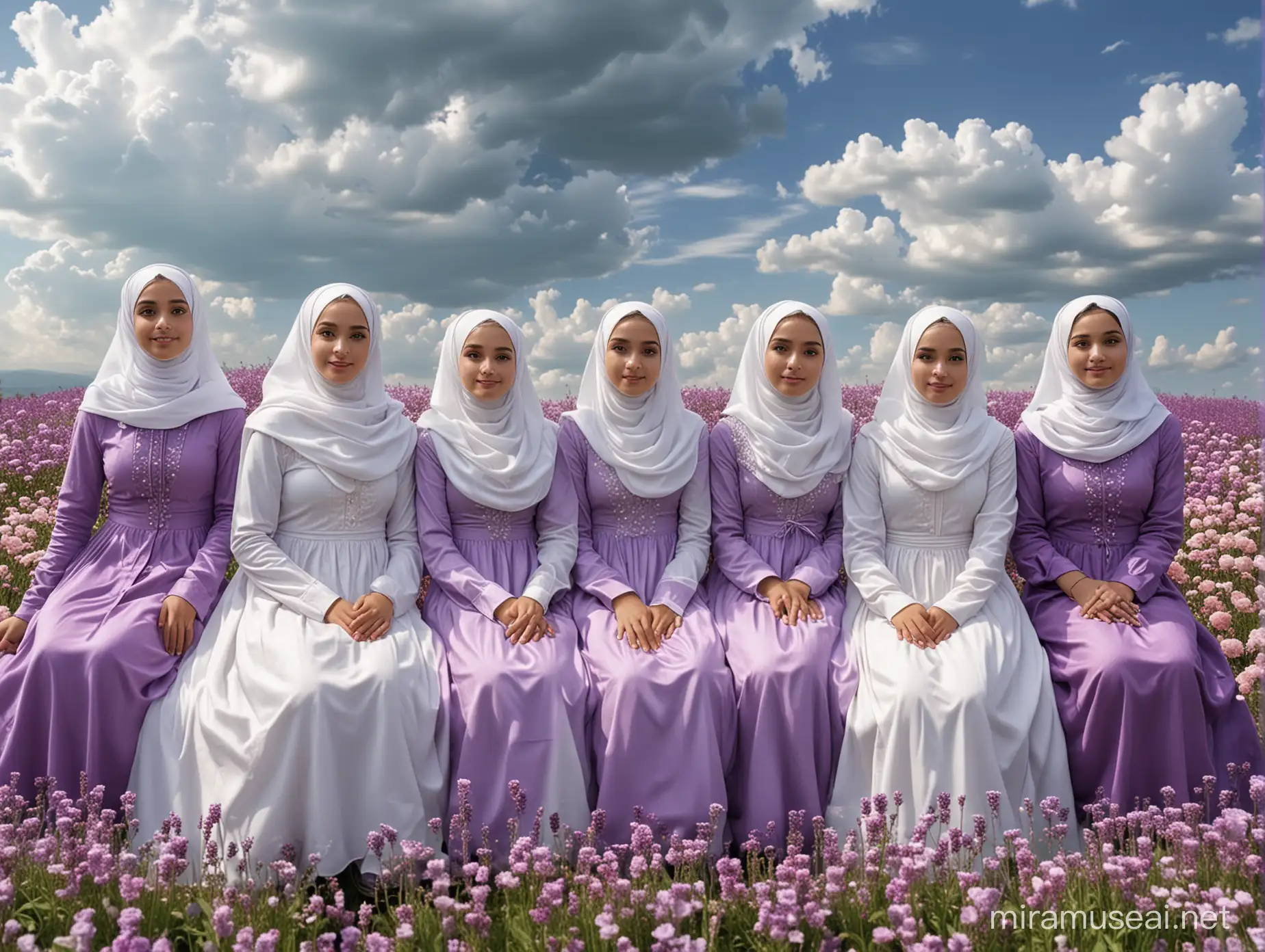 lima belas gadis ber jilbab, cantik cantik, memakai gaun warna ungu putih, ada yang berdiri ada yang duduk, baiground hamparan bunga ,langit mendung awan cerah, super realistis, wajah asli manusia
hiper realistik, photography, cinematic, ultra hd 8k, full body.wajah terlihat jelas.