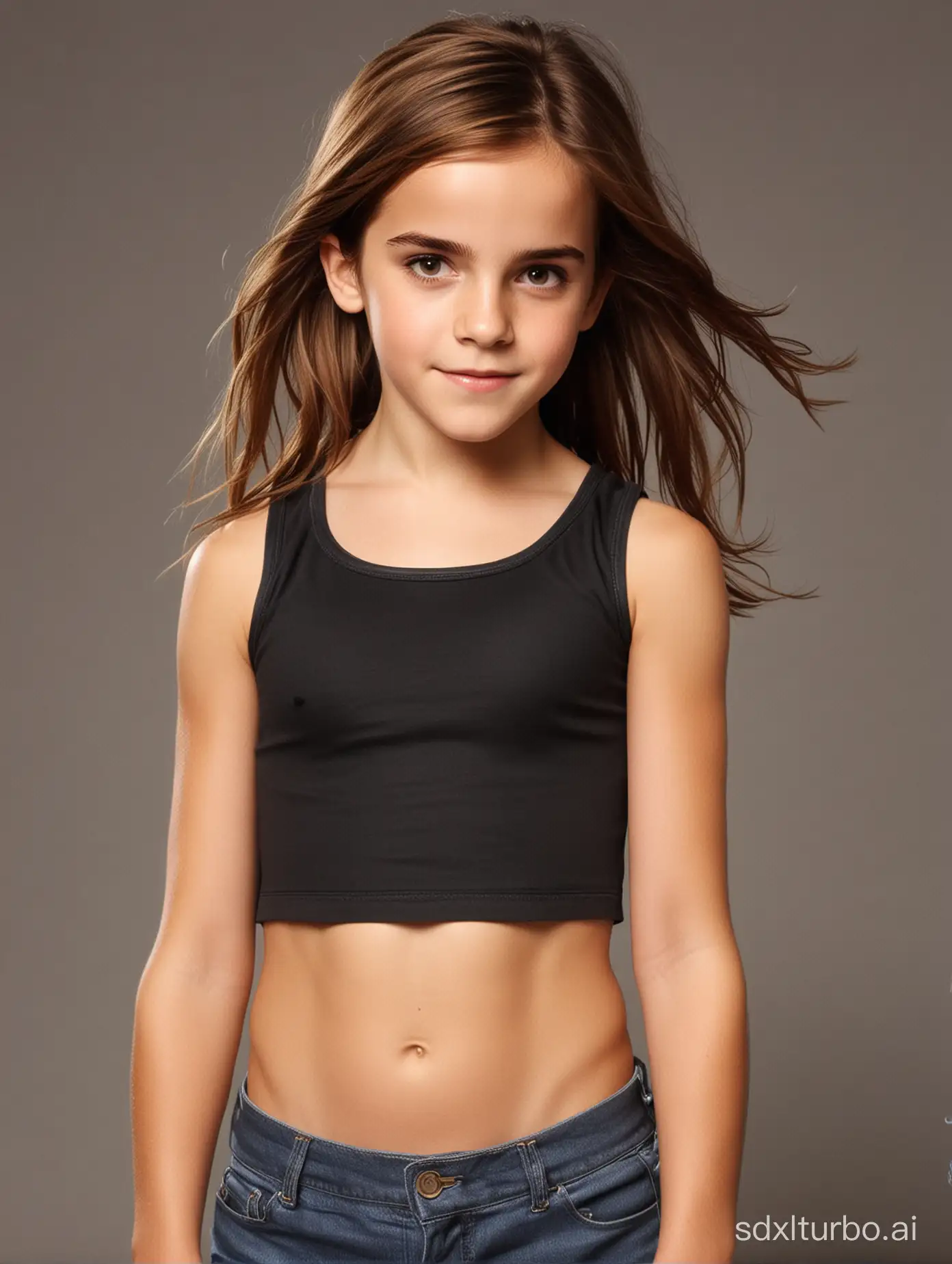 Emma Watson at 6 years old, long hair, very muscular abs