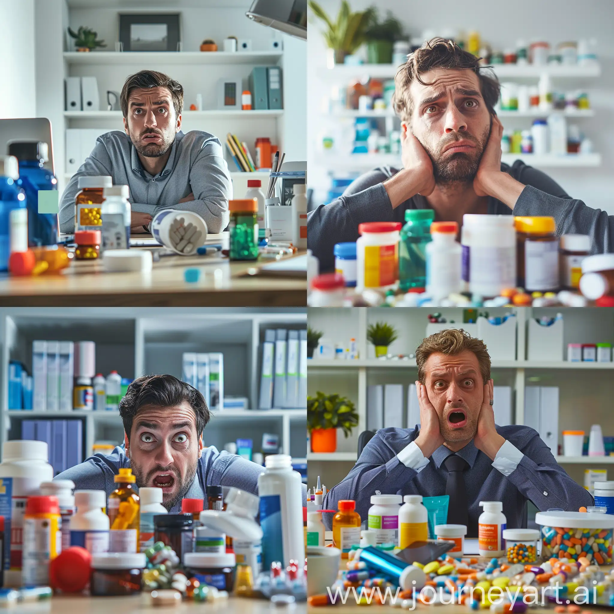很多保健品放在一个男人的桌子前，男人的表情很焦虑