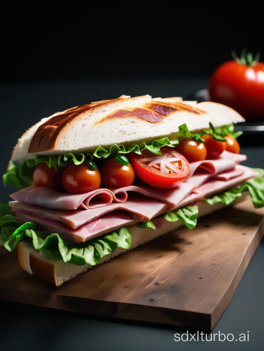a delicious ham, tomato, and salad sandwich in the style of the game Cyberpunk 2077