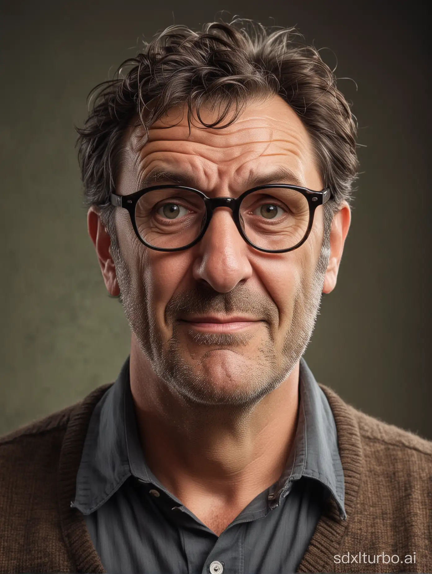 A funny, middle-aged greasy uncle, deep glasses