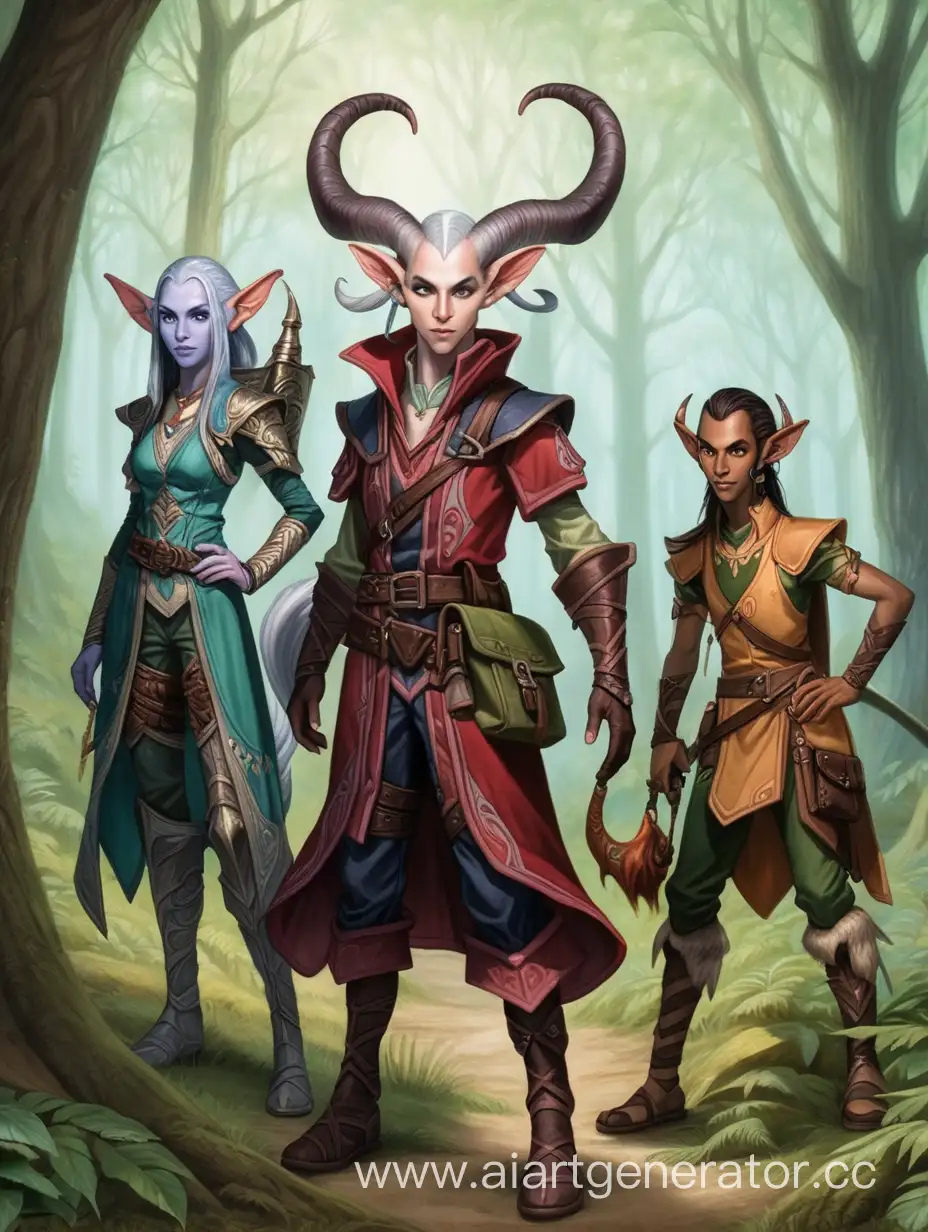 три персонажа, один из них Тифлинг, двое других полуэльфы, один из эльфов имеет серый оттенок кожи, находятся в лесу ведут охоту