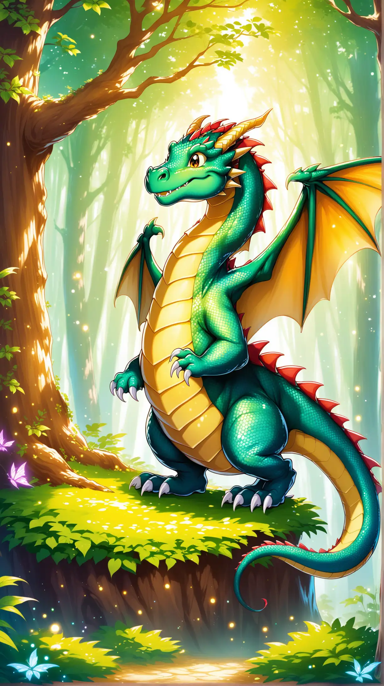 A friendly dragon in a magical forest