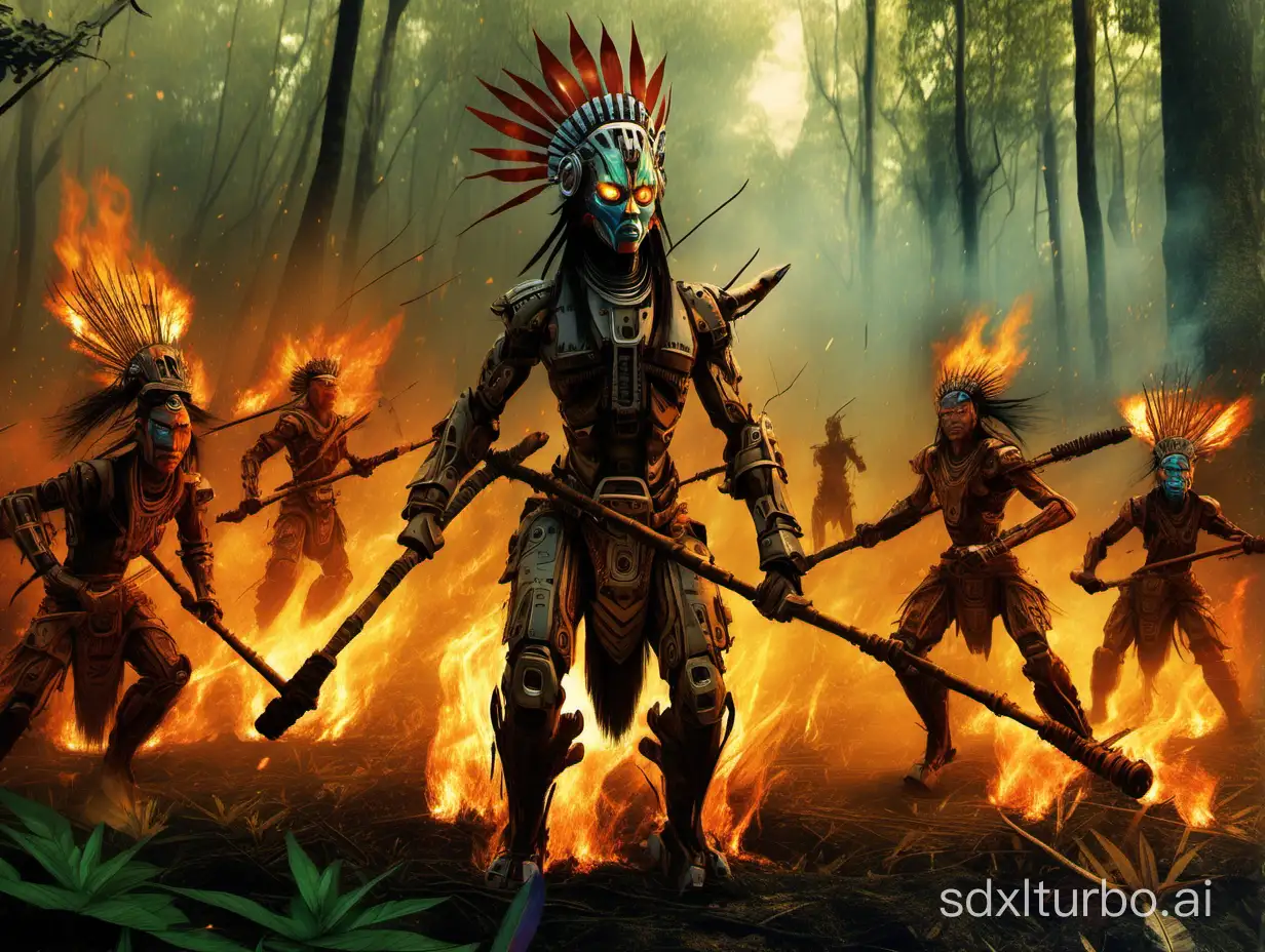 机甲战士 ，原始森林，原始部落 ， 机甲战士发出火焰，原始人拿着棍棒，拼杀。阿凡达。
