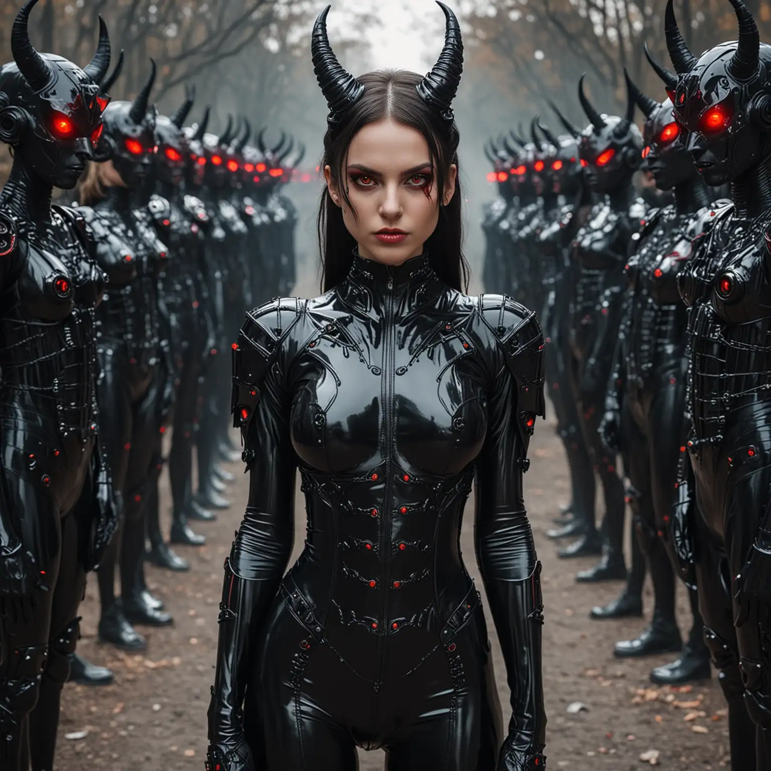 girl wearing a Satain Black Latex Suit is controlling the Wold with the Help of the Cyborgs, Red Eyes