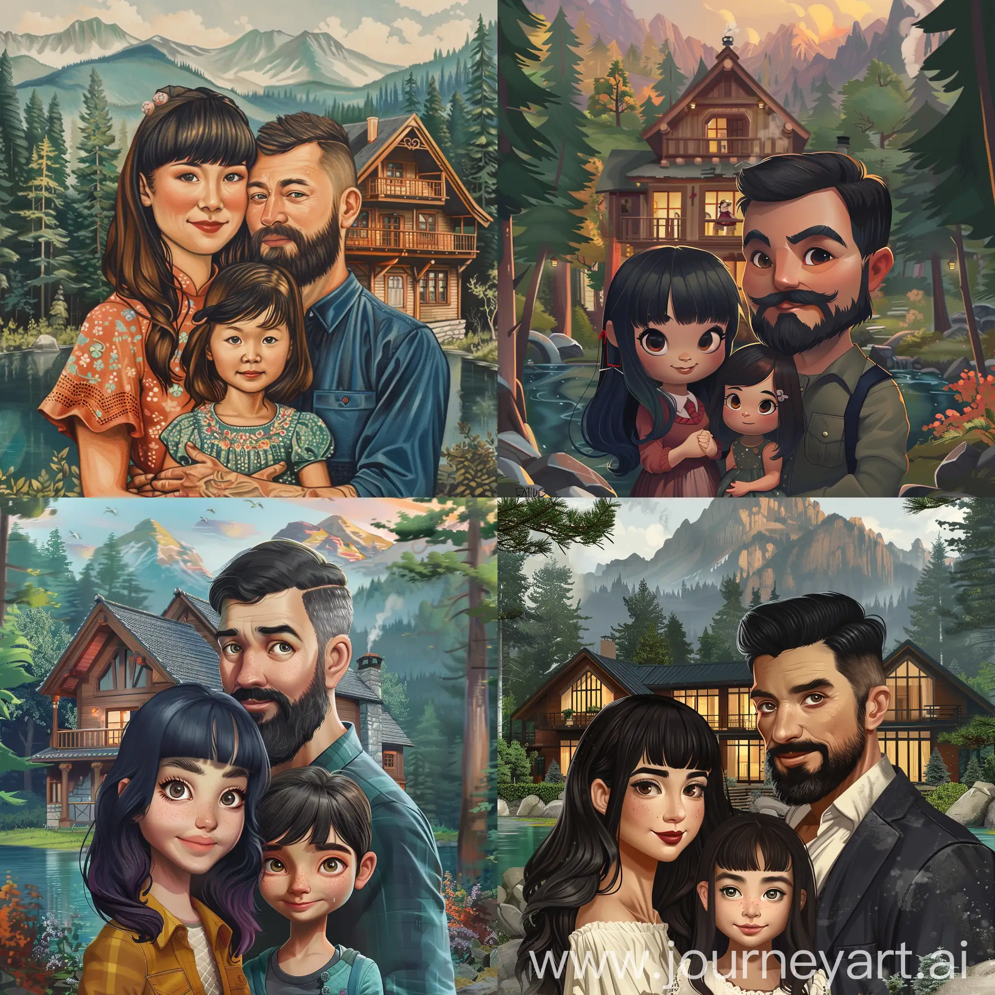 make me a picture of a kazakh asian girl with a bang and portuguese man with beard and moustache couple and their daughter in a beautiful house near the forest and lake