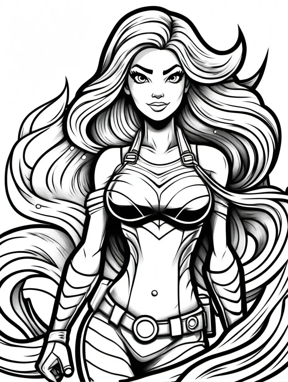 fortnite type superhero. Mermaid. For coloring book. Black and white, thick outlines, no shading, white background.