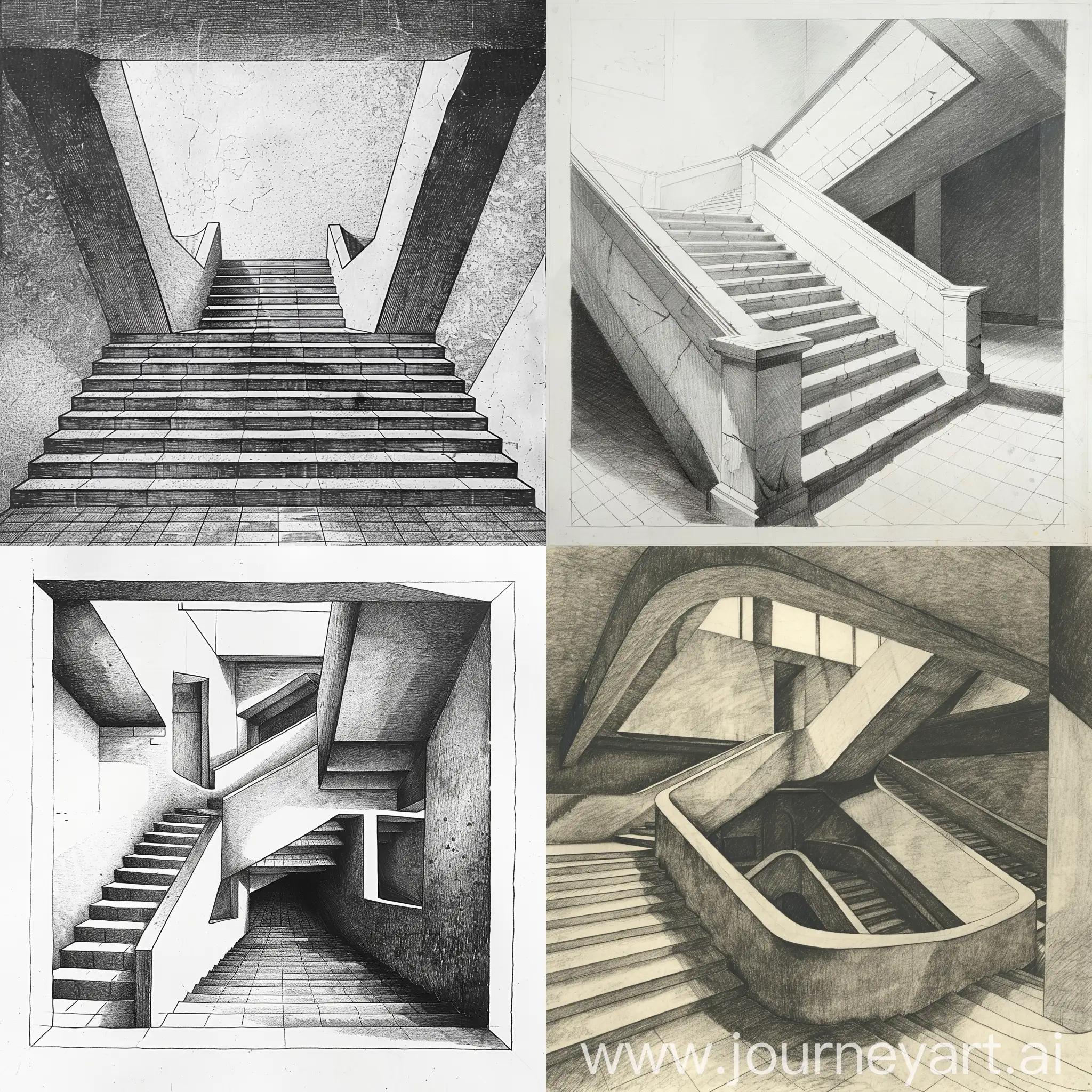 An image of double-armed staircase in two point perspective