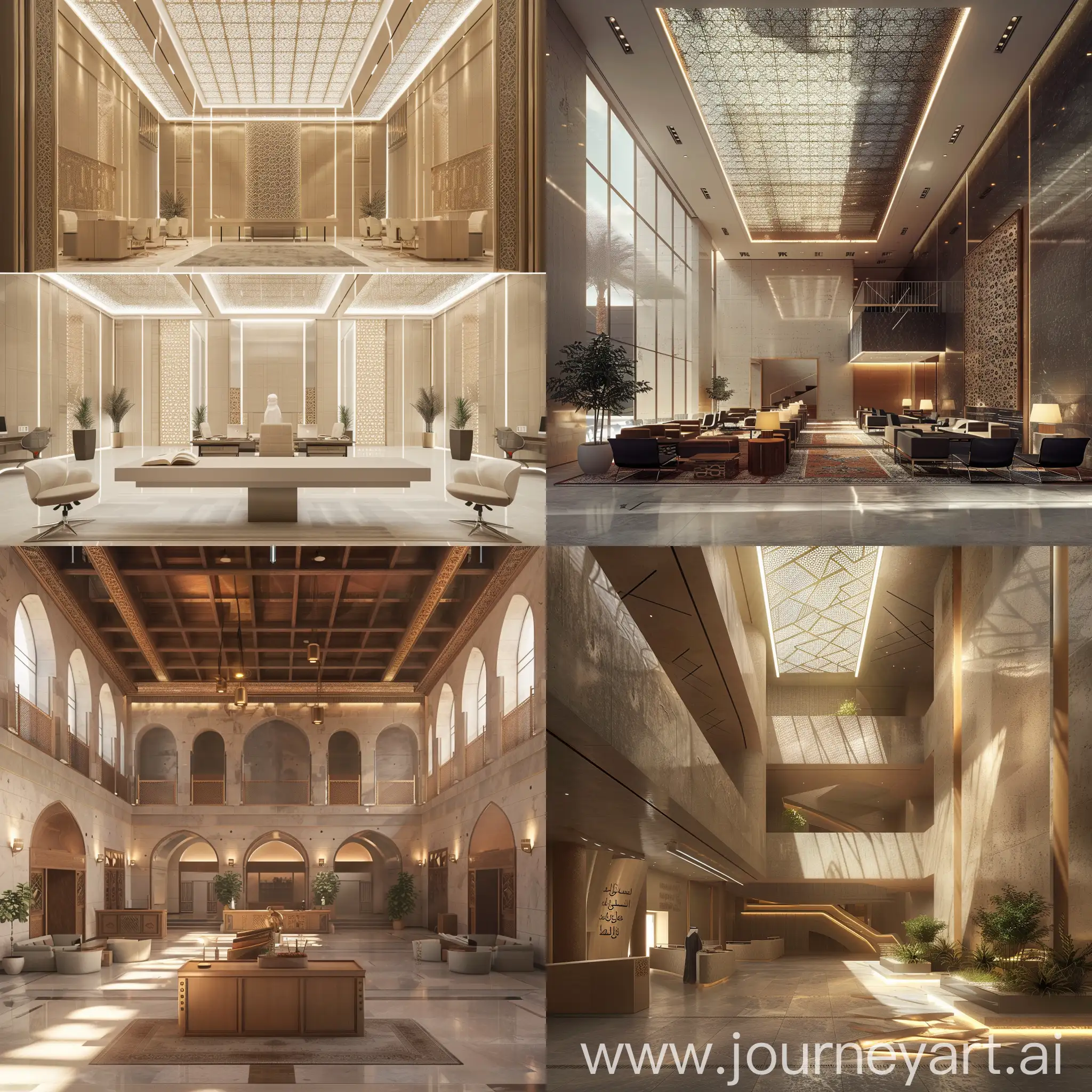 can you generate an interior shots for office building at Saudi Arabia with a concept of reviving KSA heritage with a modern way